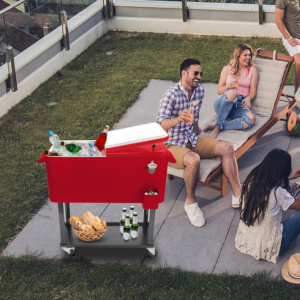 Outvita 80 Quart Rolling Ice Chest, Portable Bar Drink Cooler with Catch Basin, Bottom Storage Tray and Bottle Opener for Patio Party BBQ Beach Activities