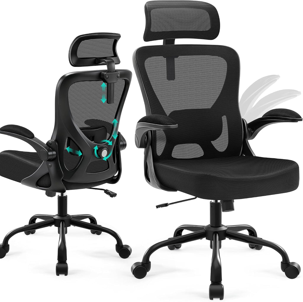 AreShark Office Chair - Ergonomic Desk Chair Breathable Mesh Chair with 2D Headrest & Adjustable Lumbar Support - Executive High Back Rolling Swivel Computer Gaming Chair with Wheels Flip-up Armrests