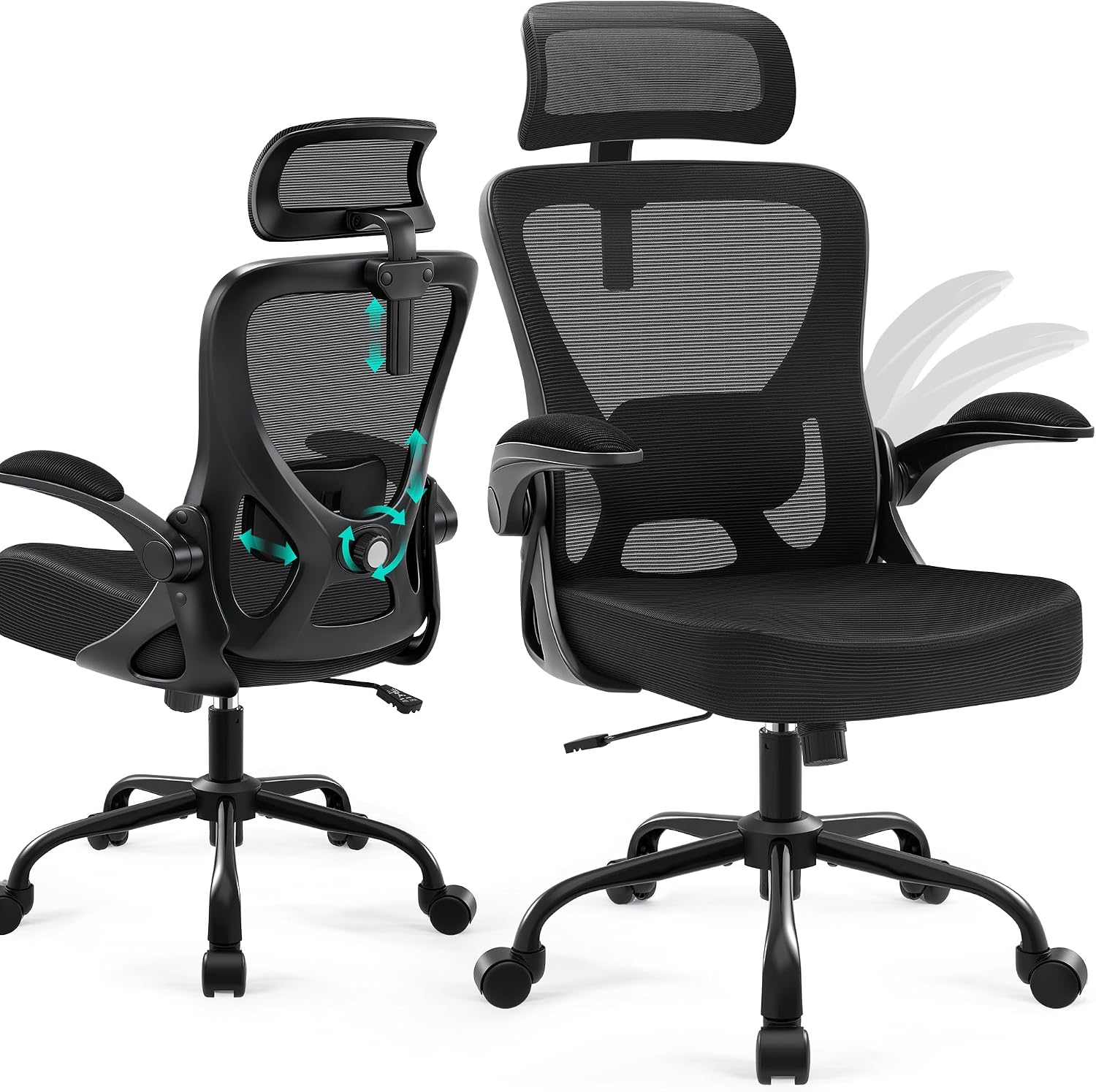 AreShark Office Chair - Ergonomic Desk Chair Breathable Mesh Chair with 2D Headrest & Adjustable Lumbar Support - Executive High Back Rolling Swivel Computer Gaming Chair with Wheels Flip-up Armrests
