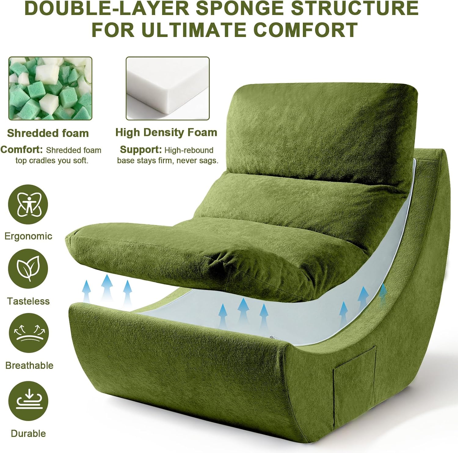 Comfy Reading Chair for Adults, Modular Sectional Sofa Bean Bag Chair, Cloud Boneless Couch Style with High Rebound Foam, Single Seat Compressible Sofa for Living Room & Bedroom, Green