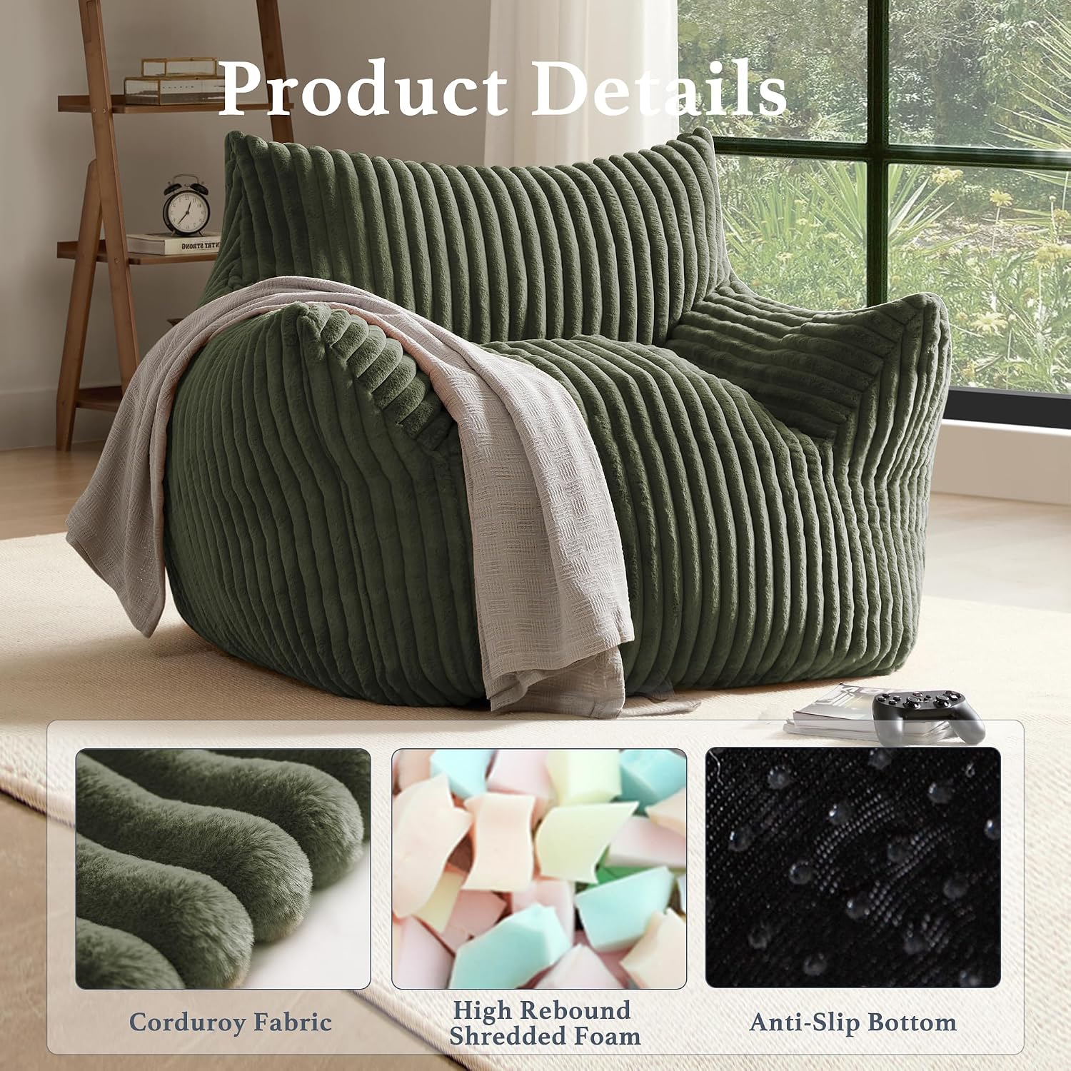 Gericco Giant Plush Bean Bag Chair for Adults with Armrests - Oversized Comfy Green Beanbag Lounge Lazy Floor Sofa Accent Chair for Living Room, Bedroom & Dorm, Cozy Fluffy Single Cloud Mini Couch