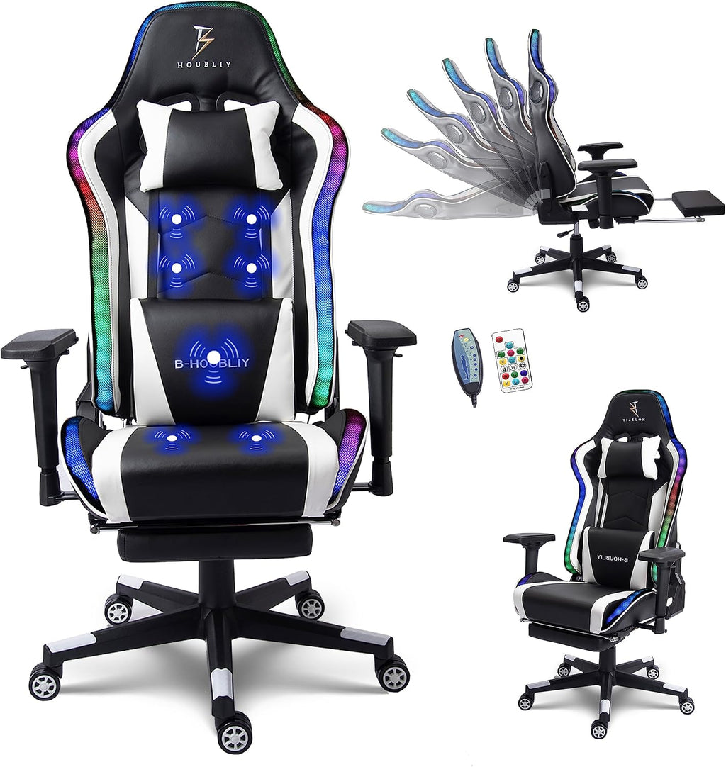 Massage Gaming Chair with Speakers, Ergonomic Pro Gaming Chair with Headrest and Lumbar Support,Reclining Computer Chair with Footrest and RGB Lights,Video Game Chair for Adults Kids.,White