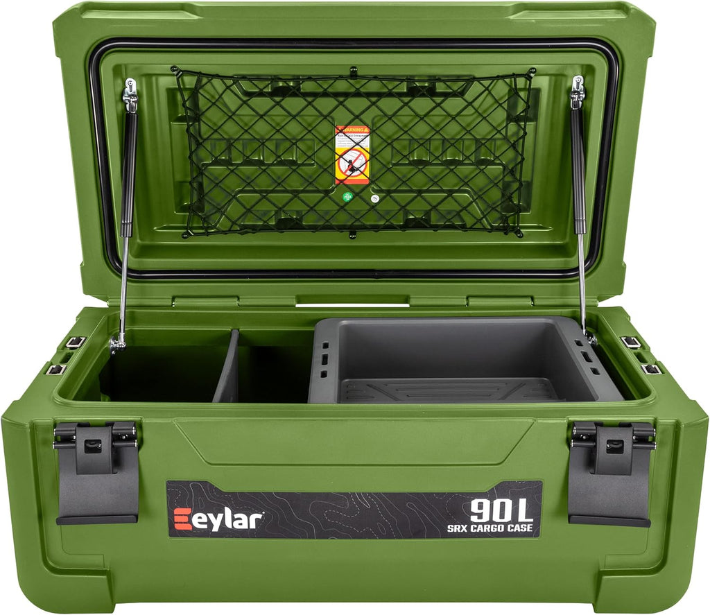SRX-90 Overlanding Cargo Case – 90L Waterproof Storage Box for Camping, Off-Road & Truck Bed Gear – Heavy-Duty Lockable Storage with Gas Strut Lid, Stackable Design & Interior Organizer Tray (Green)