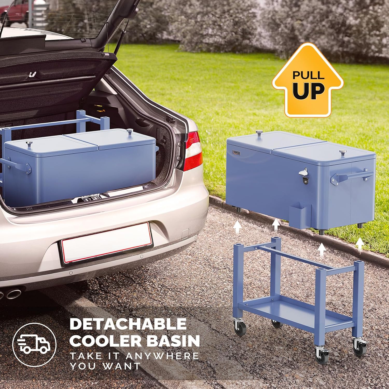VINGLI Rolling Ice Chest, Portable Patio Party Bar Drink Cooler Cart, with Shelf, Beverage Pool with Bottle Opener