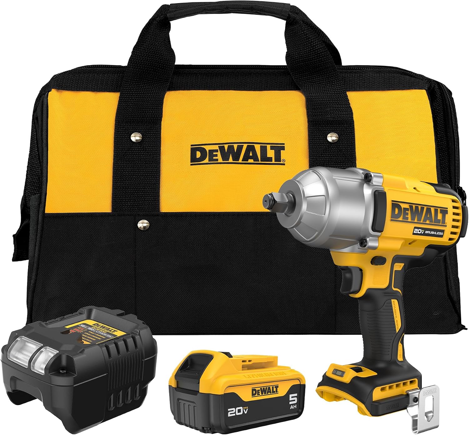 DEWALT 20V MAX Cordless Impact Wrench with Hog Ring Anvil, Brushless High Torque 1/2 Impact Gun, 4-Mode Speed, Includes Battery, Charger and Kit Bag (DCF900P1)