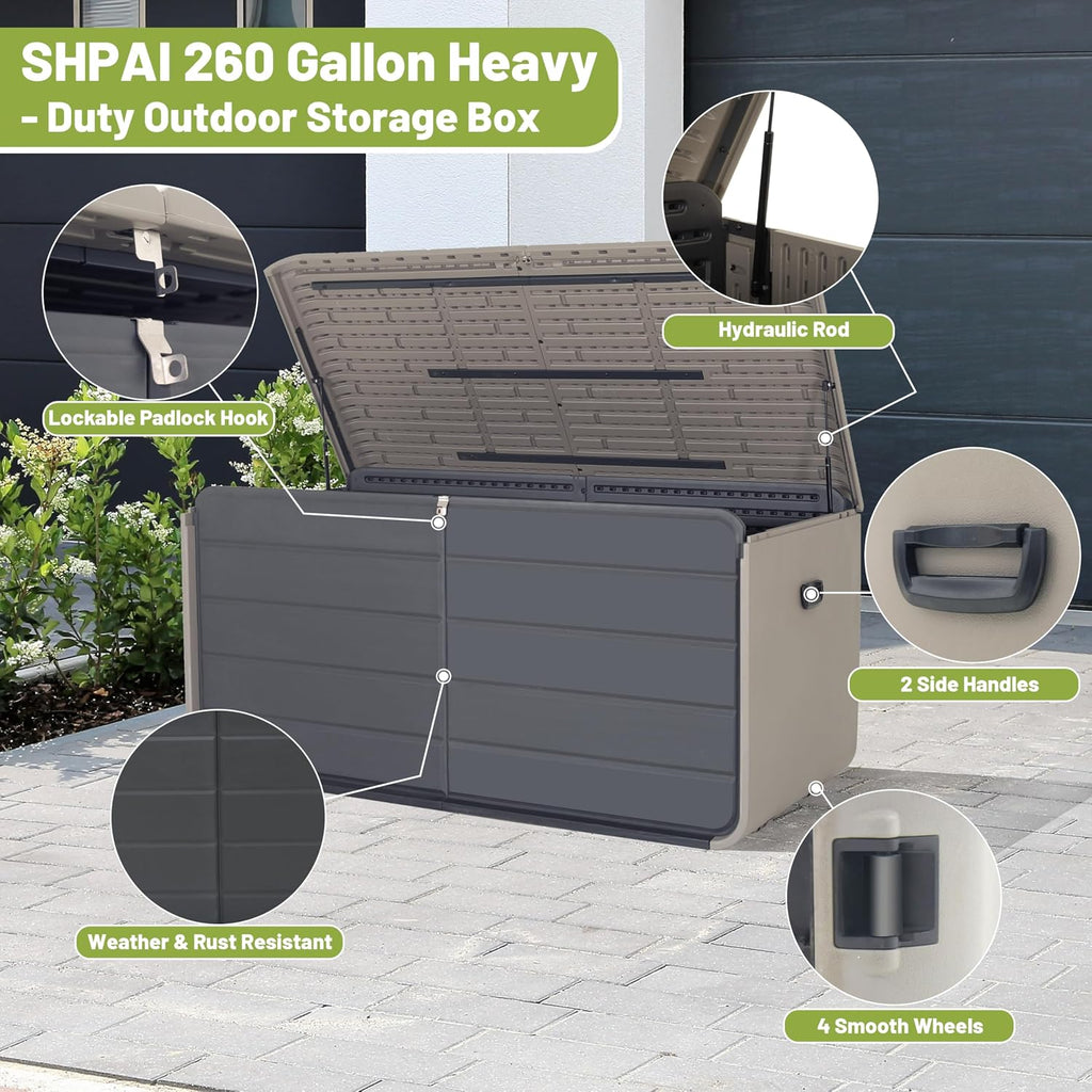 Resin Deck Box 260 Gallons, Extra Large Heavy-Duty Outdoor Storage Box, Lockable & Waterproof Patio Outside Storage Box for Patio Furniture, Garden Tools, Pool Supplies