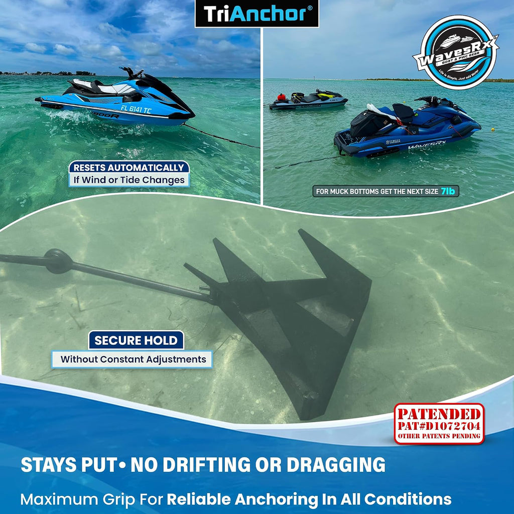 WAVESRX TriAnchor - Stainless Steel Folding PWC & Boat Anchor | Sets Instantly for Effortless Boat & Jet Ski Anchoring | Compact Patent-Pending Design Grips Better Than Plow, Fluke or Box Anchor