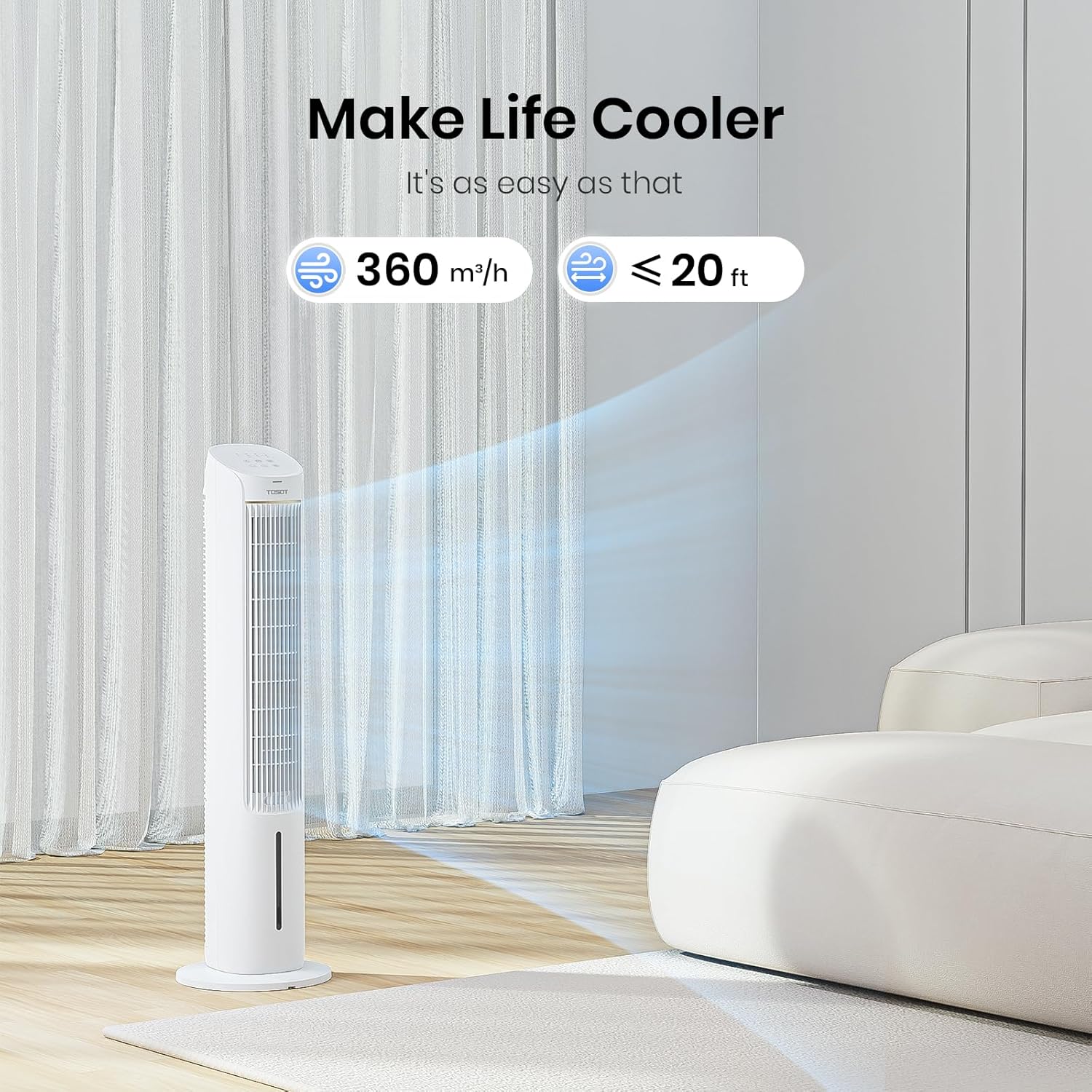 TOSOT Evaporative Air Cooler, 43' Tower Fan Oscillating 80°, 3 Speed Quiet Cooling Fan with 2 Ice Packs, Remote Control, Removable 4L Water Tank, Mist Floor Fan for Home Bedroom