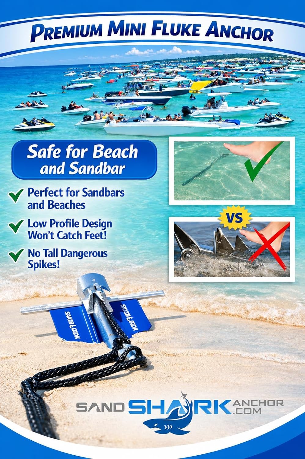 SandShark Premium Fluke Anchor-Retractable Shaft Easy Storage-Aluminum Pontoon Boat Anchor, Jet Ski Anchor. Boats<30 ft. Sand Anchor for Boat, Boat Anchor.