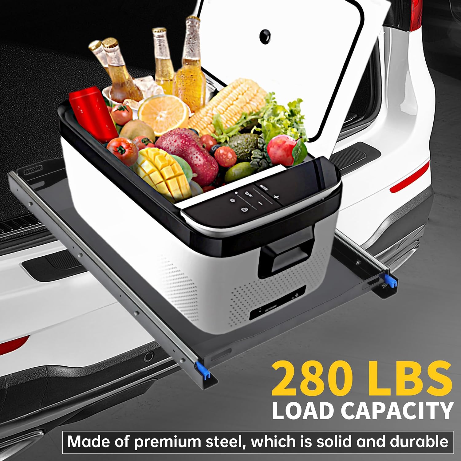 KUAFU Fridge Slide (Inner 29.3 x 18.7in) Compatible with 28 to 65L Fridges/Coolers, Universal Portable Vehicle Refrigerator Freezer Slide Mount, W/4 Buckle Straps, 280 LBS