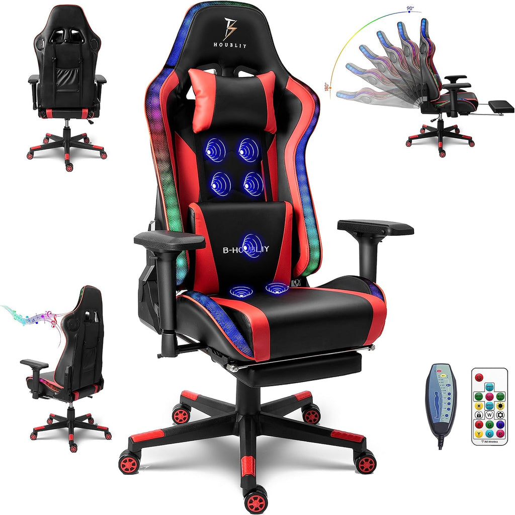 PC and Racing Game Chair,Massage Gaming Chair with Speakers, Ergonomic Chair with Headrest and Lumbar Support,Music Video Chair for Adults with RGB Light and Footrest,Backrest Adjustable.,Red