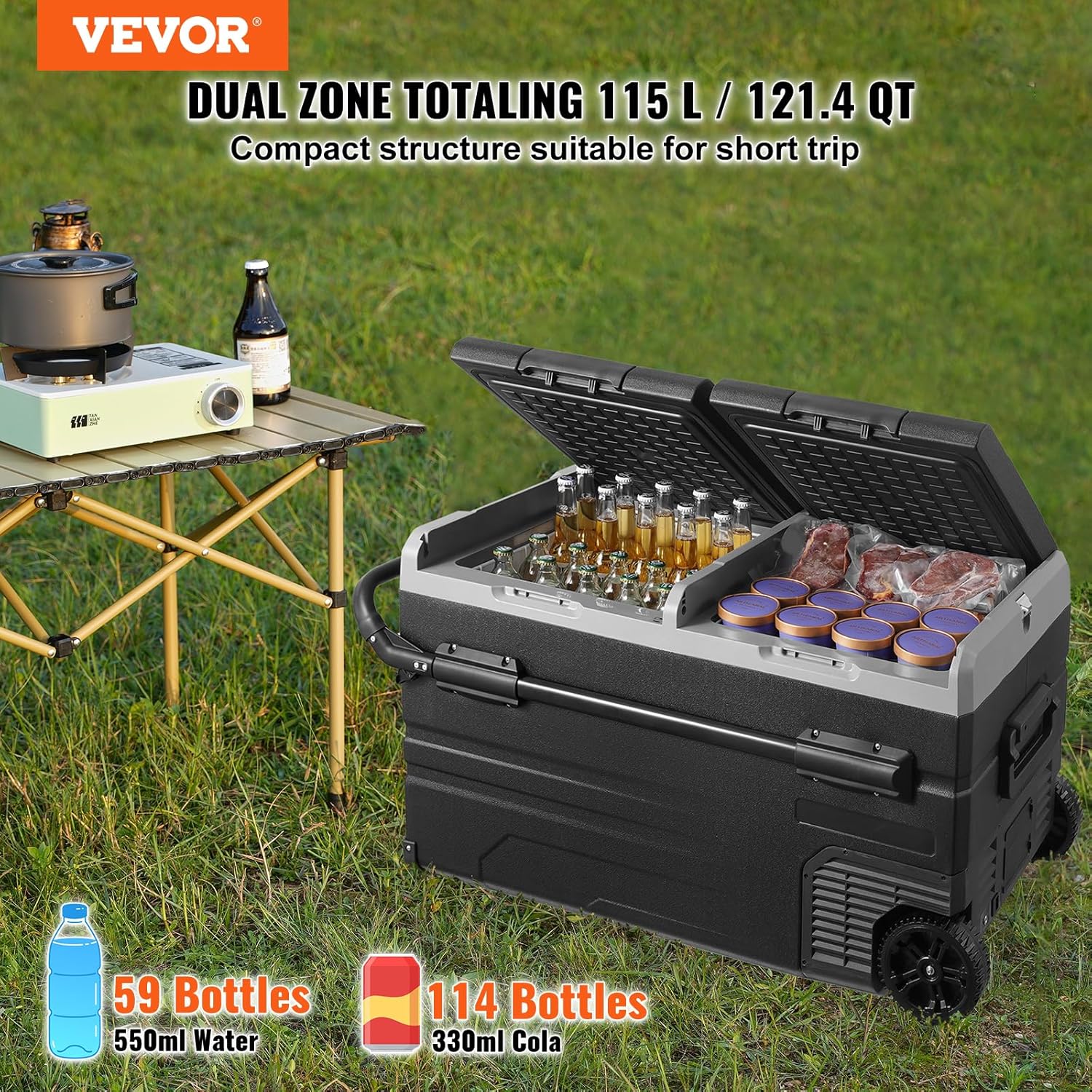 VEVOR Car Refrigerator 115L, Dual Zone Portable Freezer with Wheels & Handle, -4℉ to 68℉, 12/24V DC & 100-240V AC Compressor Cooler for Camping, Outdoor, RV