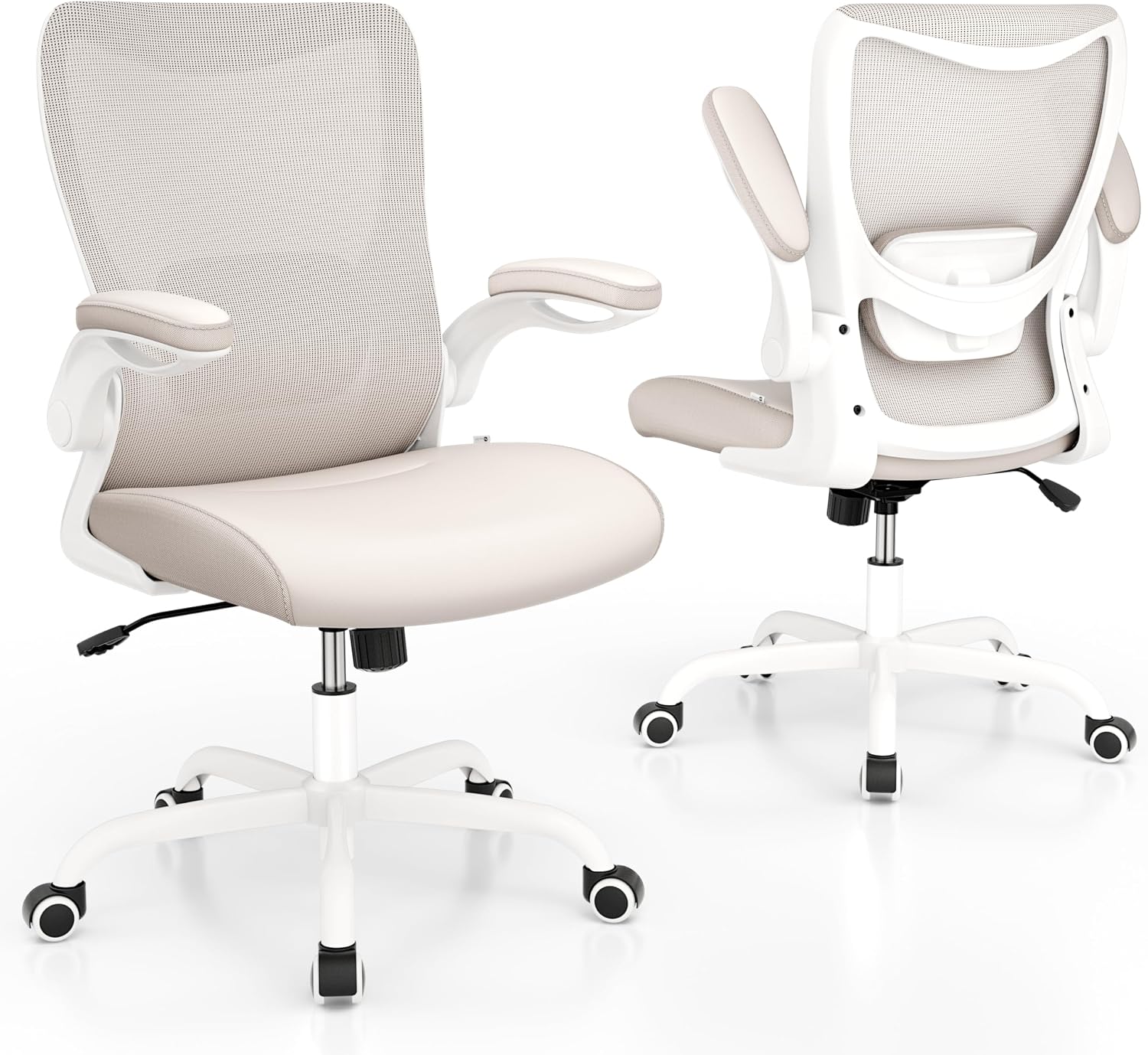 MUXX.STIL Office Chair, PU Leather Ergonomic Desk Chair with Adjustable Lumbar Support and Flip up Armrest, Breathable Mesh Computer Chair for Home Office, Khaki