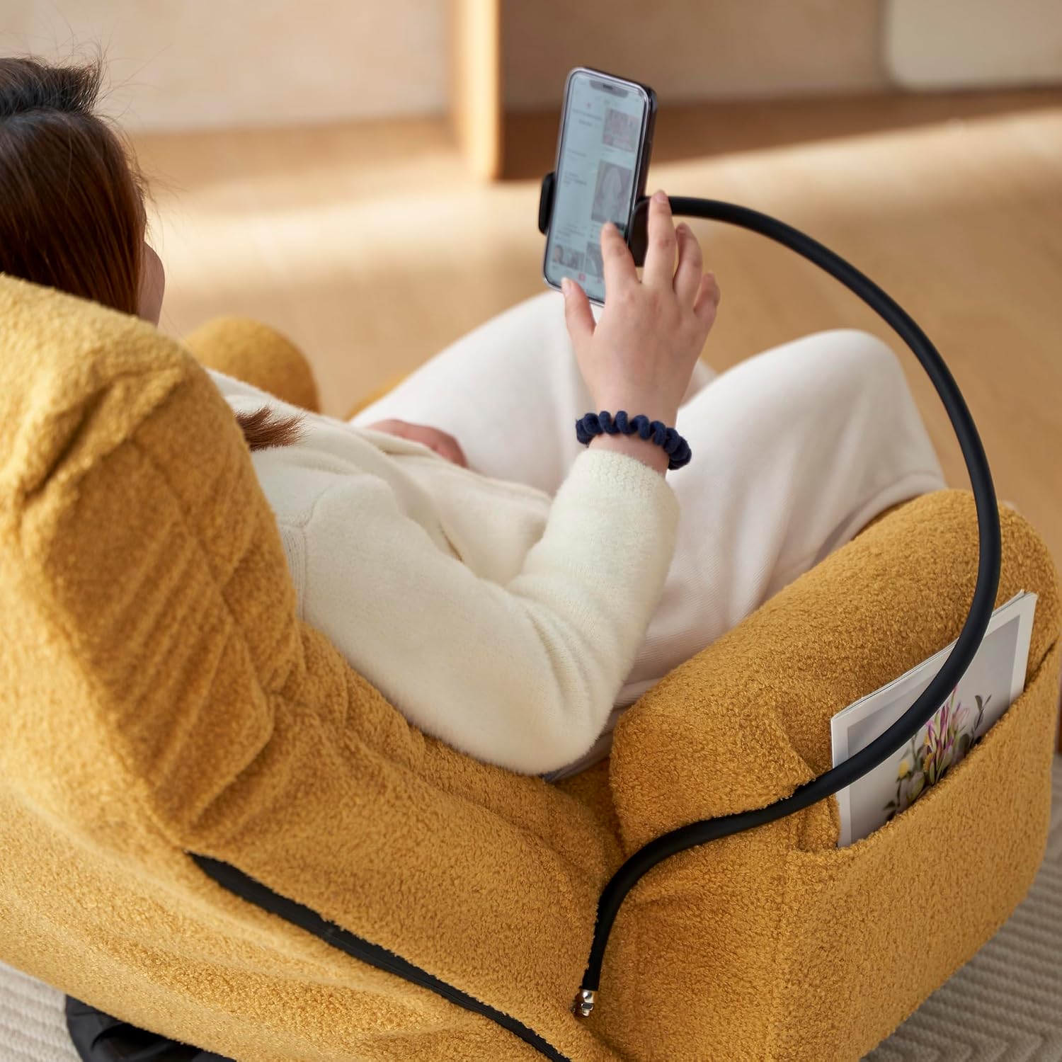 Yoglad Japanese Style Chaise Lounge Sofa with Phone Holder, 360-Degree Swivel Chair Floor Gaming Chair Lazy Sofa for Reading Game Meditating, 3 Adjustable Positions (Teddy Yellow)