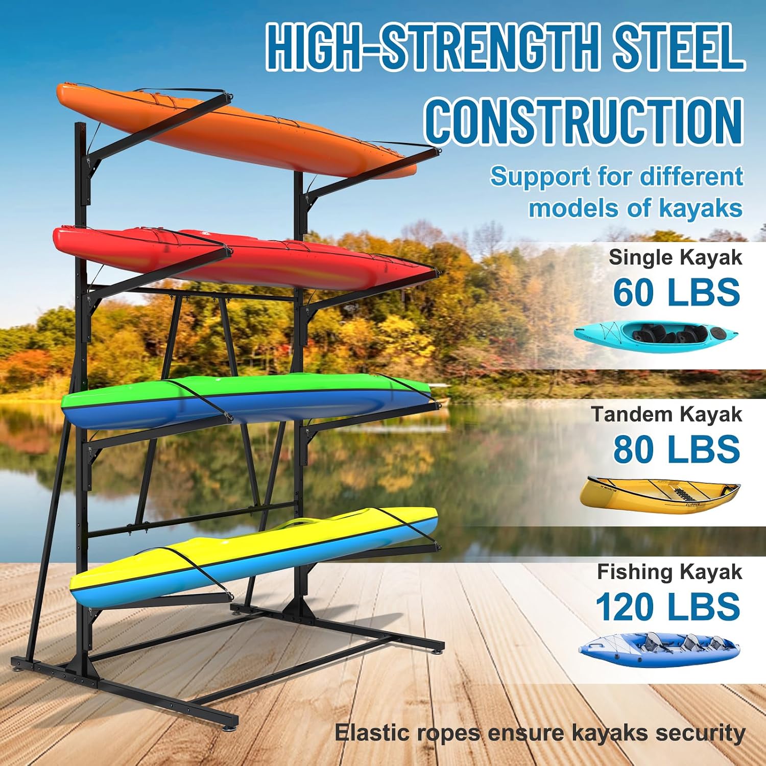 Kayak Storage Rack, Heavy Duty Freestanding Kayak Rack for Garage and Outdoor Storage, Kayak Stand Adjustable for Kayak, Canoe, Surfboard and Paddle Board, 4-Layer