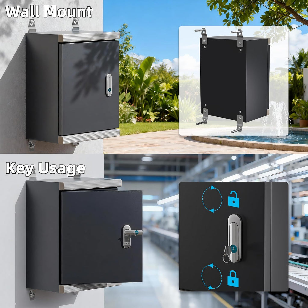 Joinfworld Outdoor Electrical Metal Box 15.7' x 11.8' x 7.8' Weatherproof Outdoor Junction NEMA Enclosure Box with Lock Din Rail Cable Gland