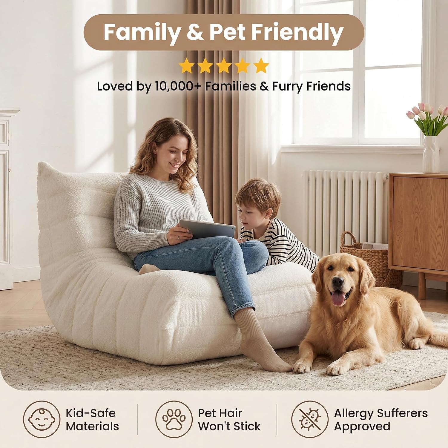 Gazecaia Comfy Bean Bag Chair for Adults Teens | Fireside Floor Lounge Chair, Soft Teddy High-Resilience Memory Foam Bean Bag Couch with Non-Slip Base, for Living Room Bedroom Apartment Office, Beige