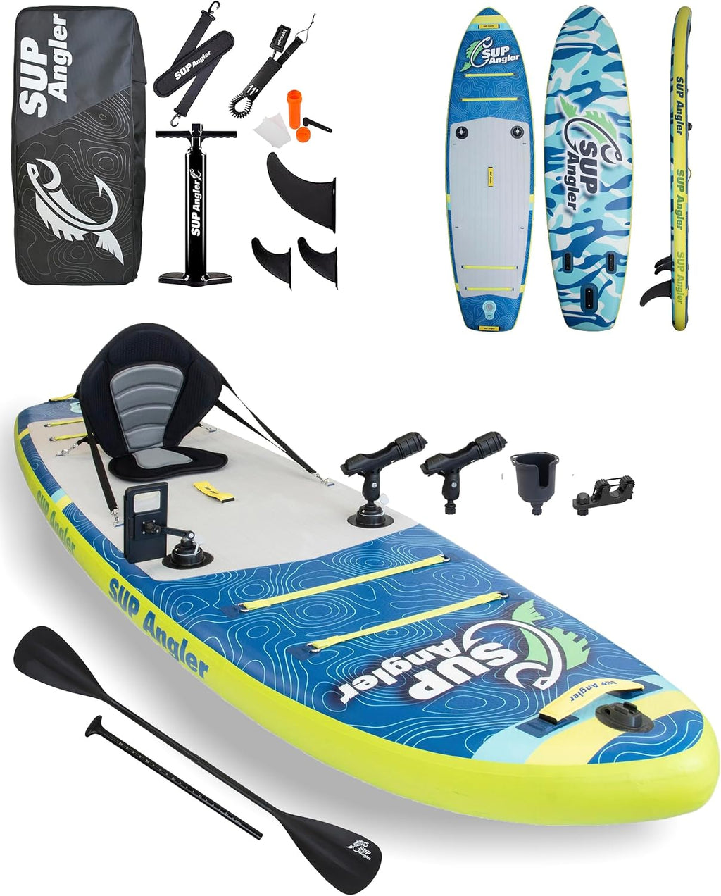 SUP Angler X-Wide Inflatable Fishing Paddle Board with Seat, Choose Accessories Package, Adjustable Fishing Rod Holders, Accessory Ports, Dual Paddle, Quad Bungees, 10'8' X 35'