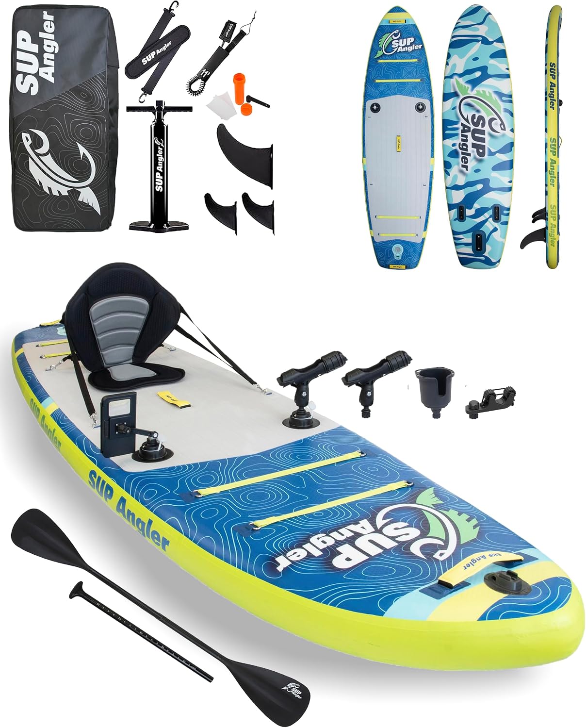SUP Angler X-Wide Inflatable Fishing Paddle Board with Seat, Choose Accessories Package, Adjustable Fishing Rod Holders, Accessory Ports, Dual Paddle, Quad Bungees, 10'8' X 35'