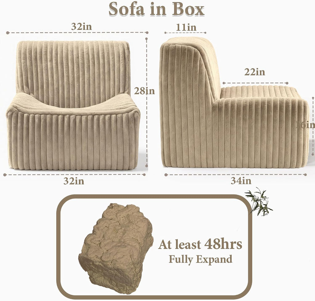 Trenda 32'' Comfy Bedroom Chair for Adult, Boneless Space-Saving Accent Chairs with with Spacious Seating, Soft Faux Fur Cover, Ideal Floor Couch for Living Room,College, Dorm to Reading (Khaki)