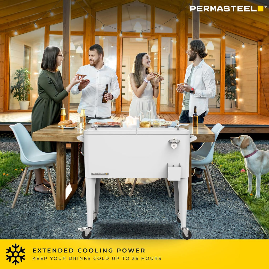 Permasteel 80-Qt Large Outdoor Patio Cooler with Wheels & Handles, Portable Rolling Hard Cooler for Outside, Retro Ice Cooler Cart, Beverage Can Coolers for Backyard Parties