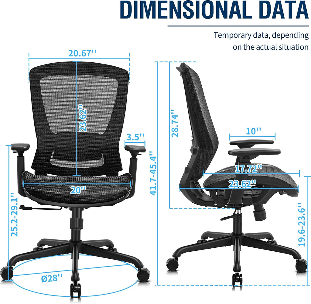 ELABEST Ergonomic Mesh Office Chair,Comfy Computer Desk Chair - BIFMA 5.1 Certified Commercial Swivel Task Chair for Home Office - Adjustable Lumbar Support & Armrests,Tilt Function,Wide Seat (Black)