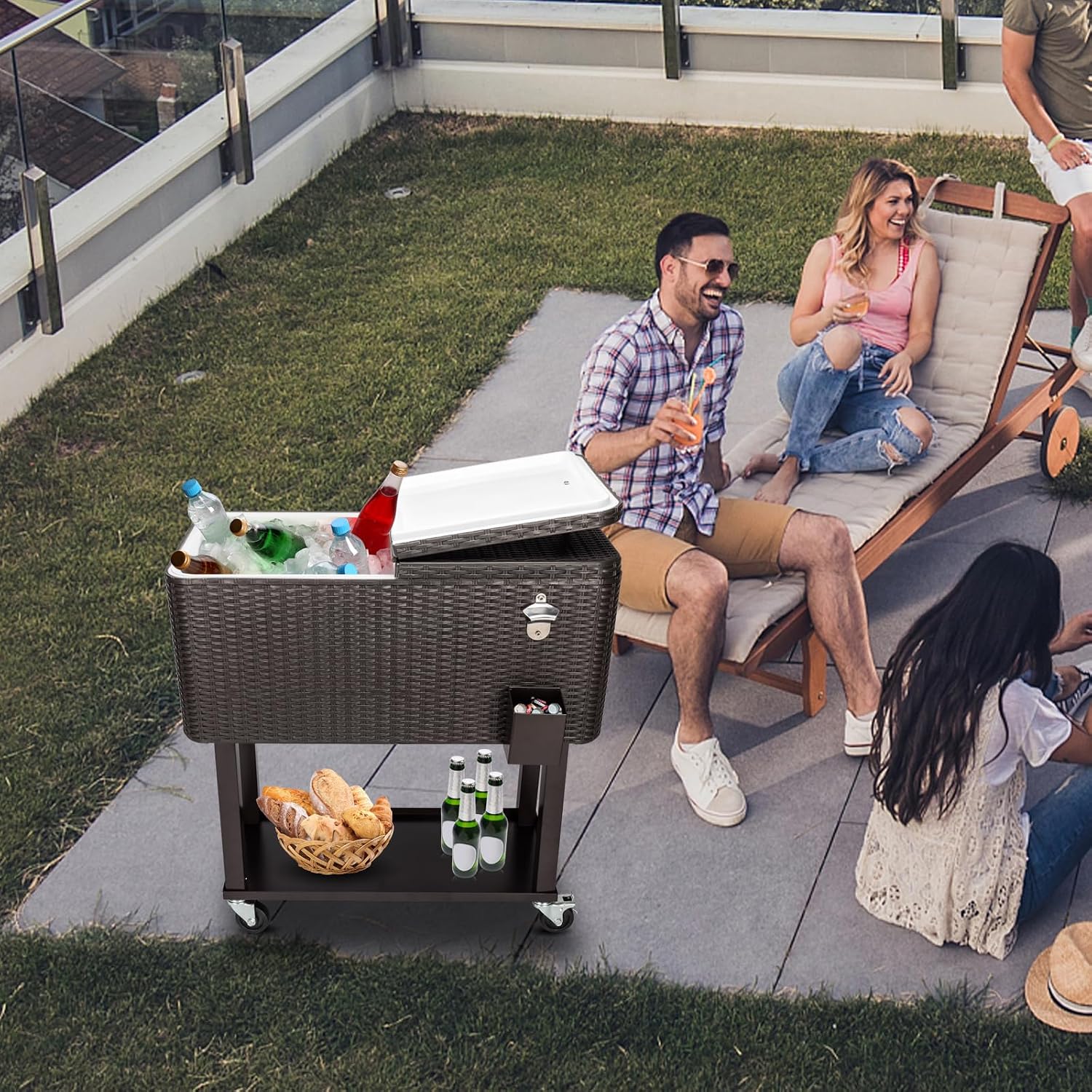 Outvita 80 Quart Rolling Ice Chest, Portable Bar Drink Cooler with Catch Basin, Bottom Storage Tray and Bottle Opener for Patio Party BBQ Beach Activities