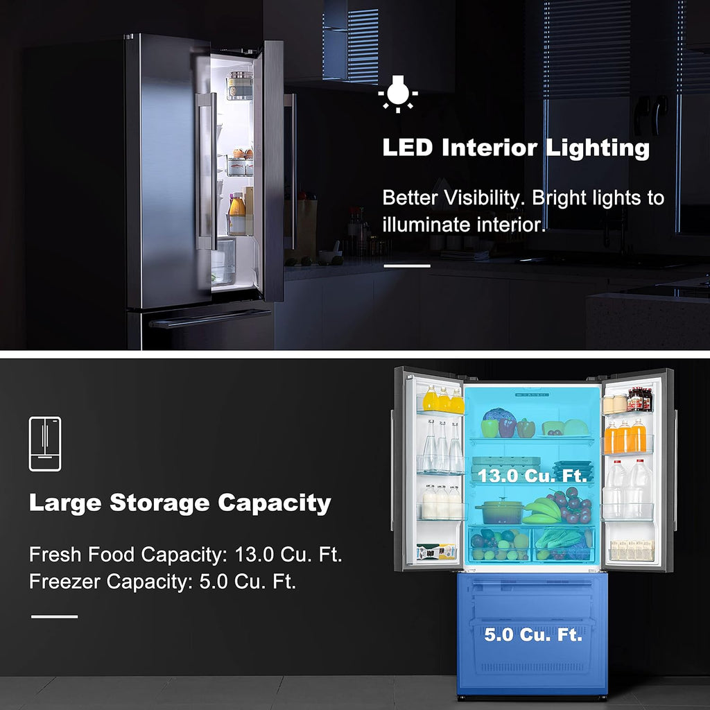 Galanz French Door Refrigerator with Installed Ice Maker and Bottom Freezer, Adjustable Electrical Thermostat Control, Frost Free, Energy Star Certified, Stainless Steel, 18 Cu Ft