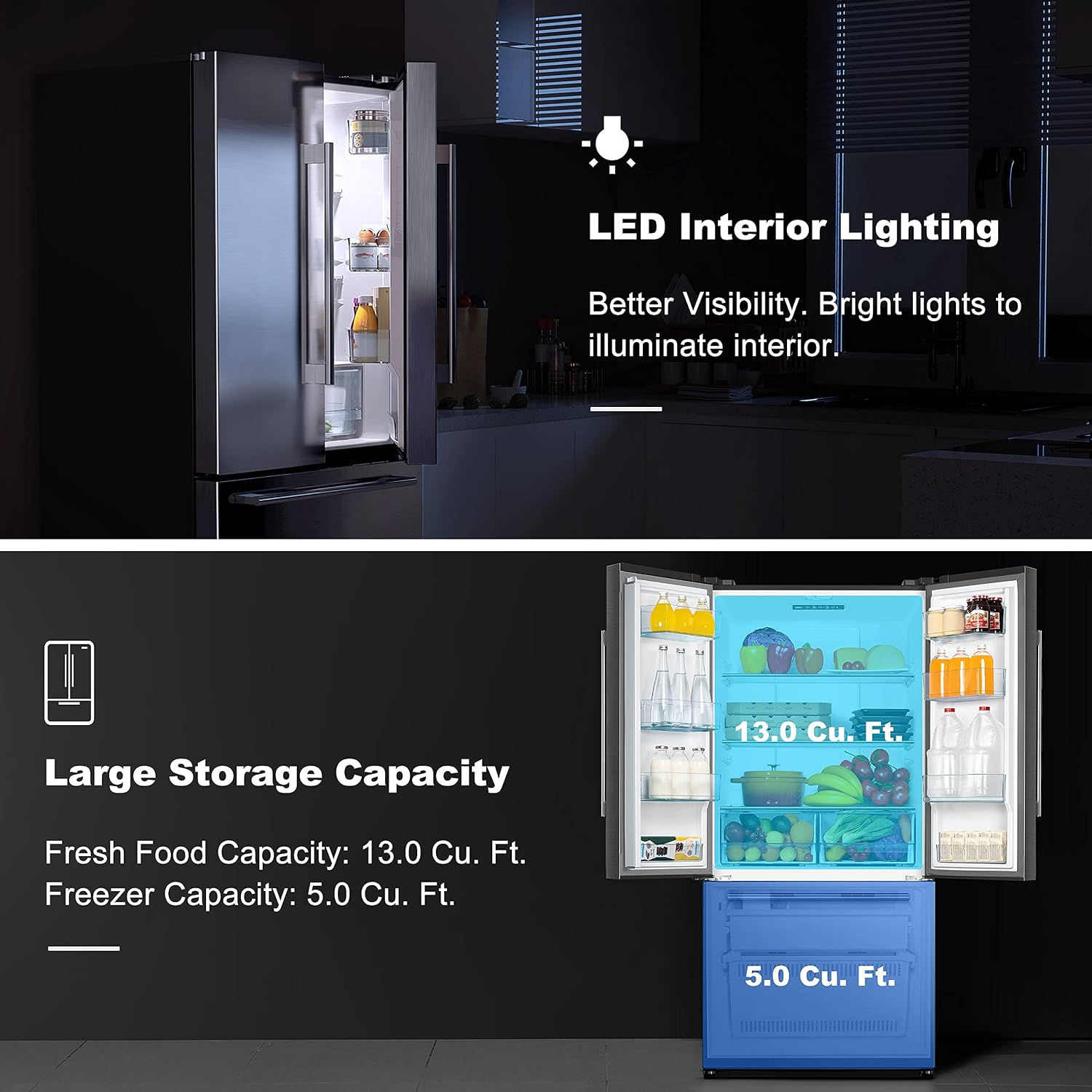 Galanz French Door Refrigerator with Installed Ice Maker and Bottom Freezer, Adjustable Electrical Thermostat Control, Frost Free, Energy Star Certified, Stainless Steel, 18 Cu Ft