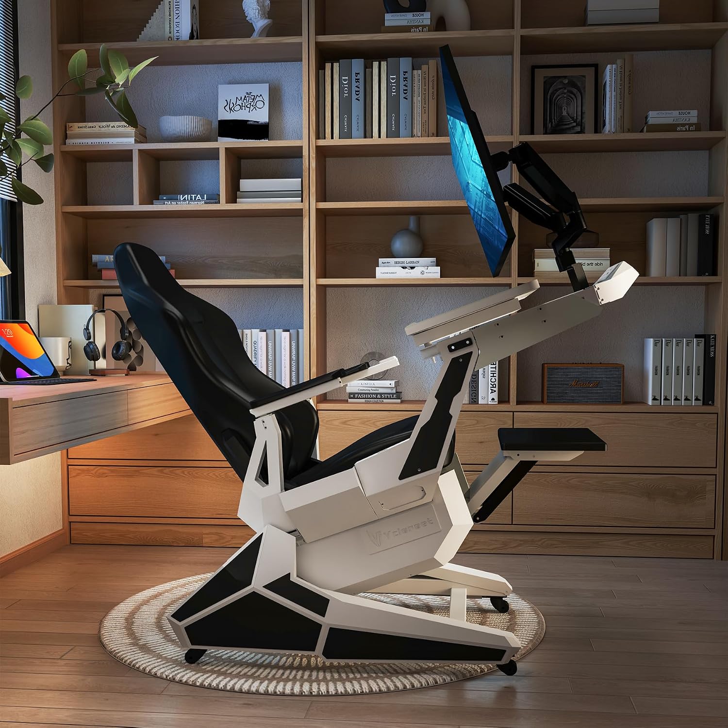 White Zero Gravity Scorpion Gaming Chair Cockpit with Dual Monitor Arm, 165° Reclining 441LB Load Ergonomic Office Chair, Space-Saving Mobile Workstation for PC, PS5, Xbox