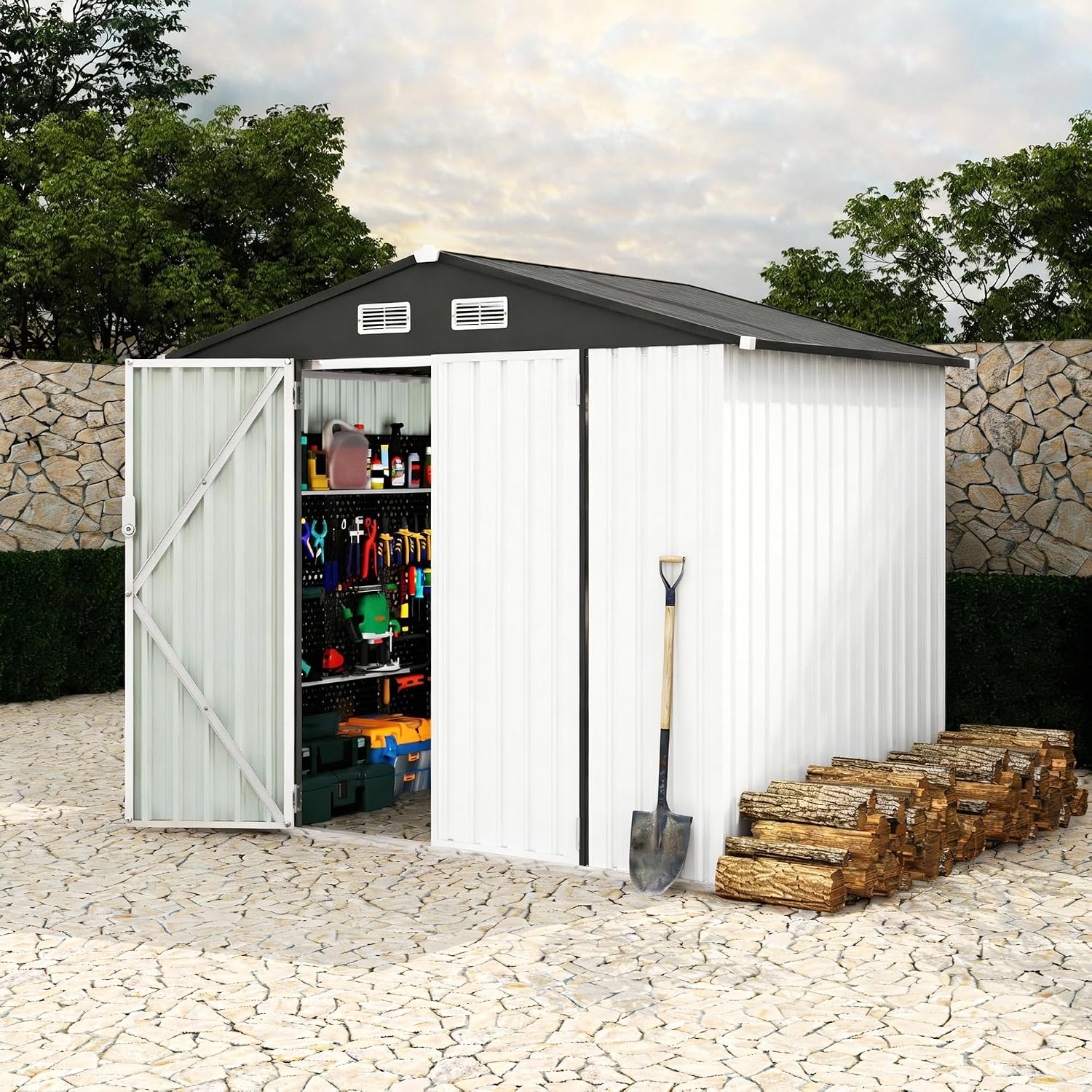 6X8 FT Metal Storage Sheds Outdoor, Metal Yard Sheds Garden Shed Kit, Tool Shed with Lockable Door, Utility Sheds Buildings with Air Vent for Backyard Garden Patio Lawn