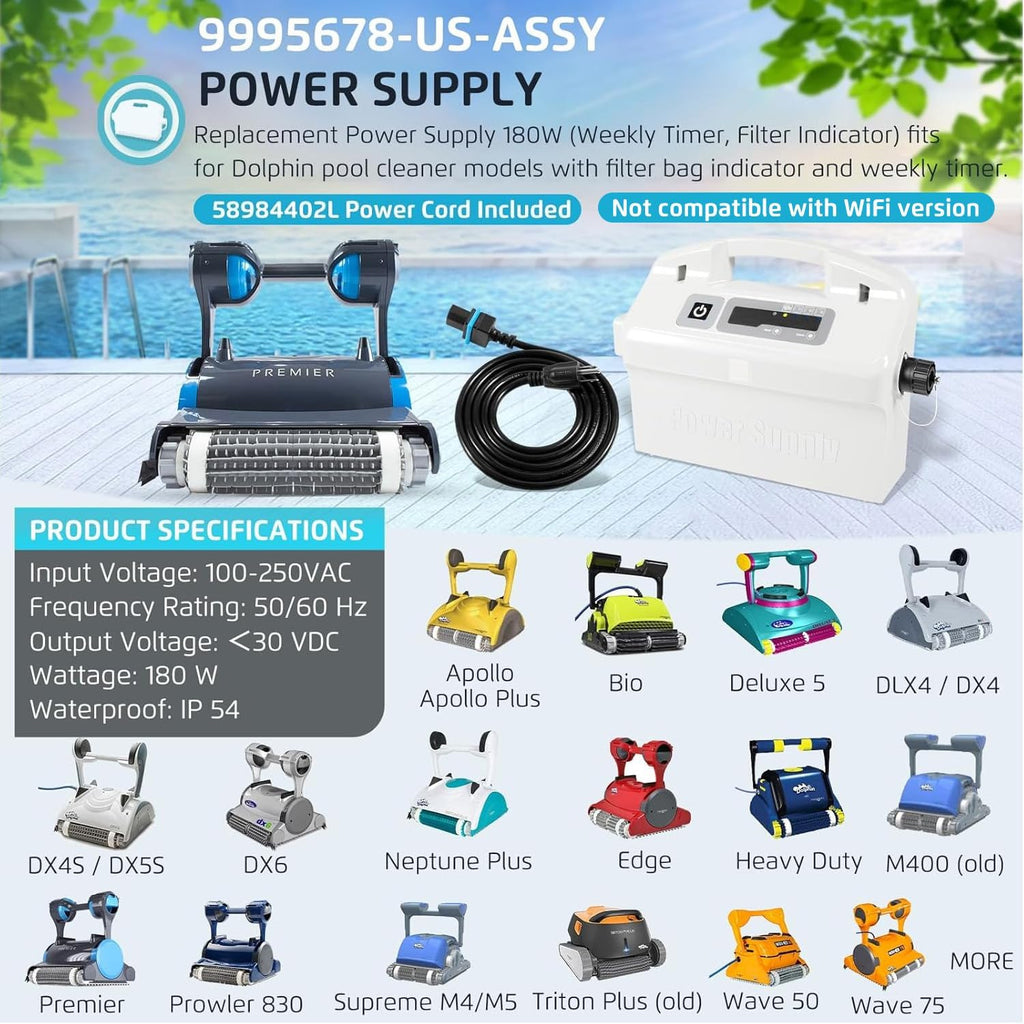 9995678 Power Supply with Cord Replacement for Dolphin Nautilus CC Plus, Premier,Apollo,Bio,Deluxe 5,DLX4,DX4,DX4S,DX5S,DX6, Edge,HD,M400,Neptune Plus,Prowler 830,Supreme M4 M5, Triton Plus,Wave 50 75