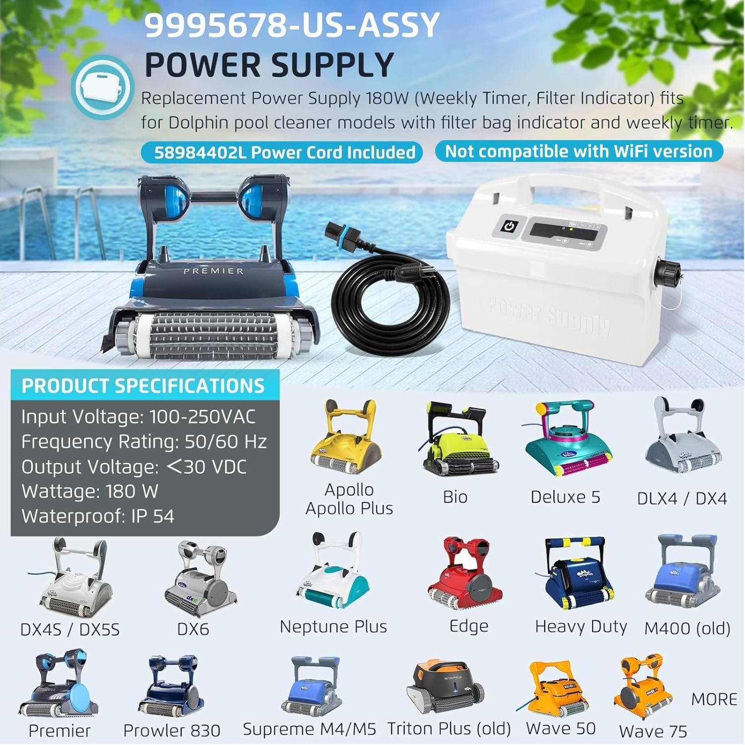 9995678 Power Supply with Cord Replacement for Dolphin Nautilus CC Plus, Premier,Apollo,Bio,Deluxe 5,DLX4,DX4,DX4S,DX5S,DX6, Edge,HD,M400,Neptune Plus,Prowler 830,Supreme M4 M5, Triton Plus,Wave 50 75