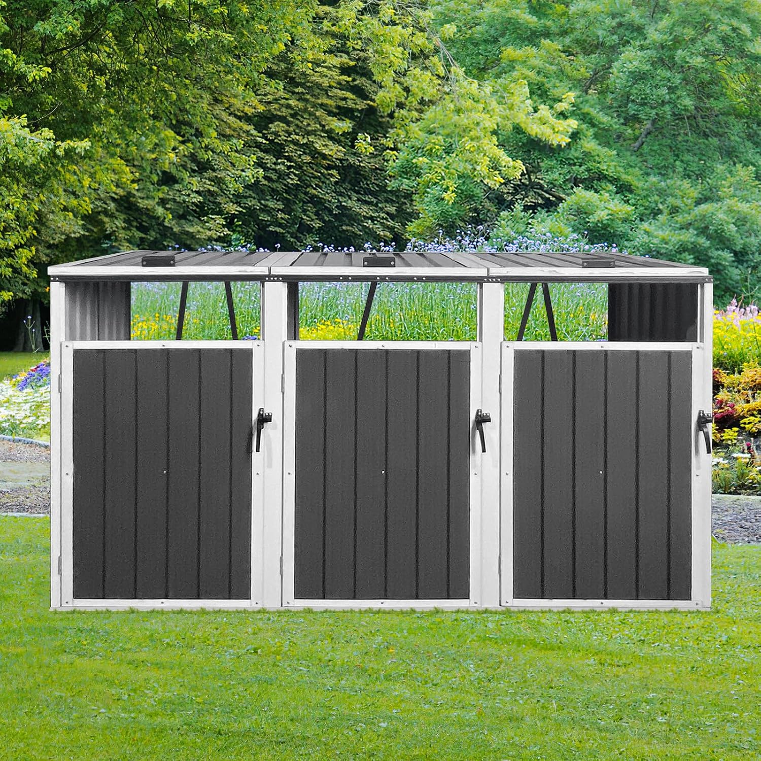 Yozma Metal Garbage Bin Shed – Outdoor Trash Can Storage for 3 Bins, Durable & Weather-Waste Enclosure, Yard Utility Shed for Hide Trash Cans (White & Gray, 87'- 3 Trash Can)