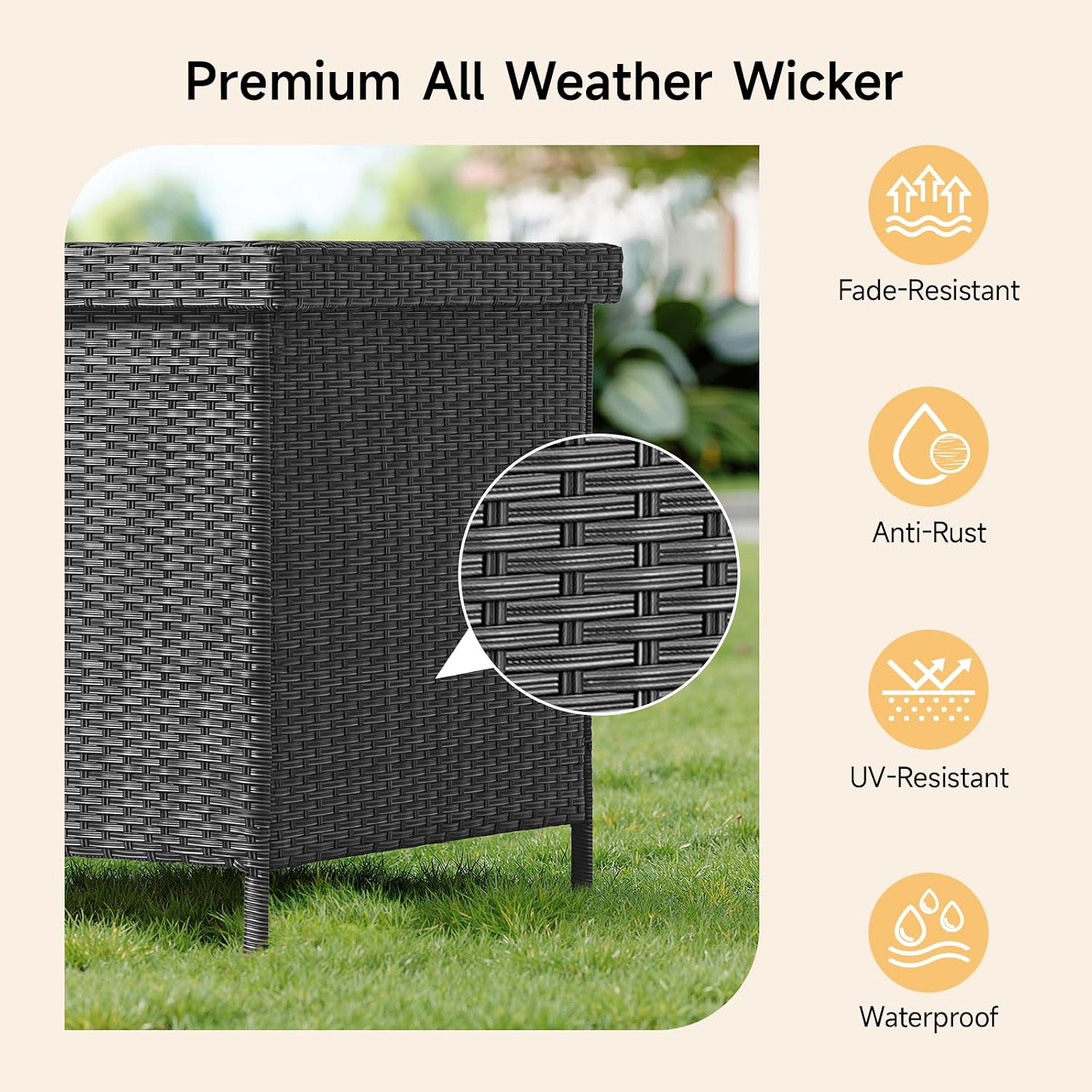 ONBRILL 158 Gallon XL Deck Box with Lid, All Weather Wicker Outdoor Storage Box Waterproof, Large Outdoor Patio Storage Bin for Cushions, Garden Tools, Gears, Pool Accessories, Black