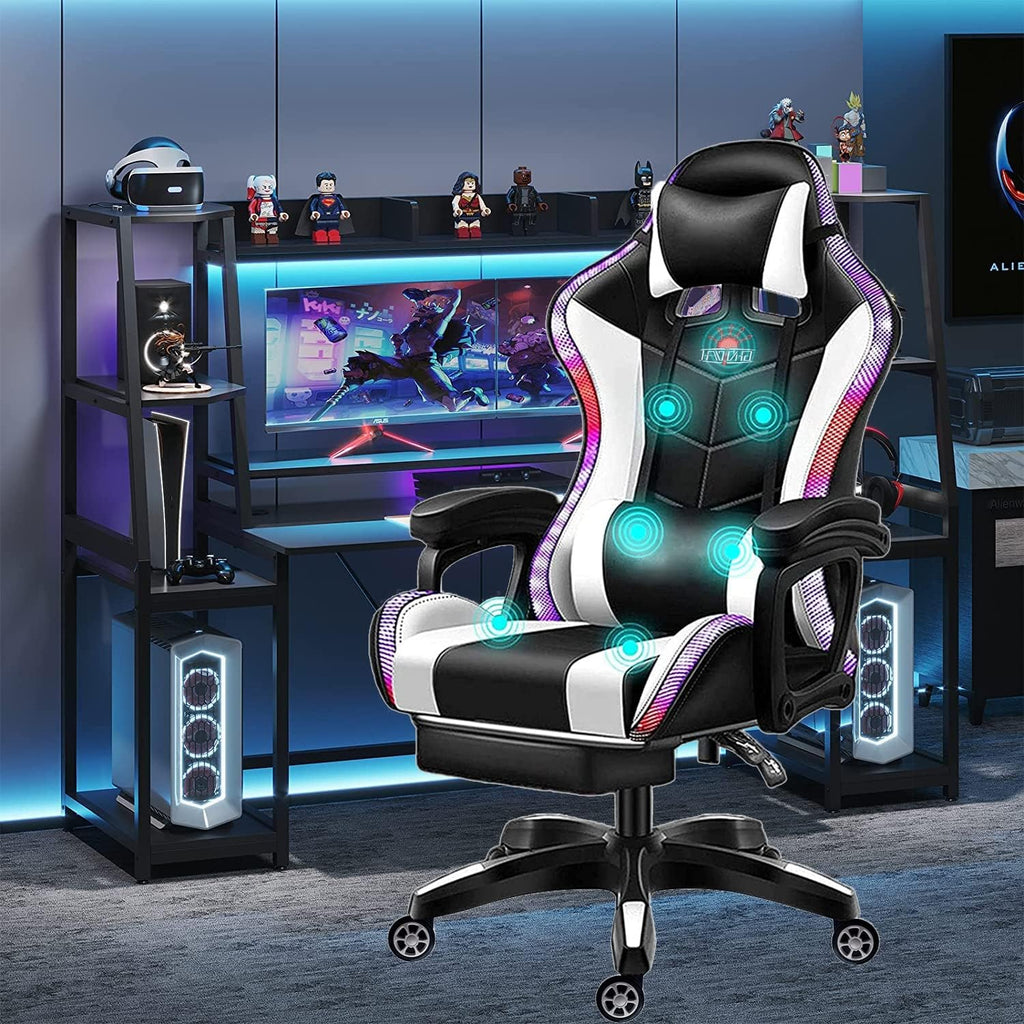 XOOFMASS Gaming Chair with Speakers, Video Game Chair with RGB Light Ergonomic Massage Office Chair, PU Leather Recliner Computer Chair, E-Sports Chair with Headrest Armrest Lumbar Support,White