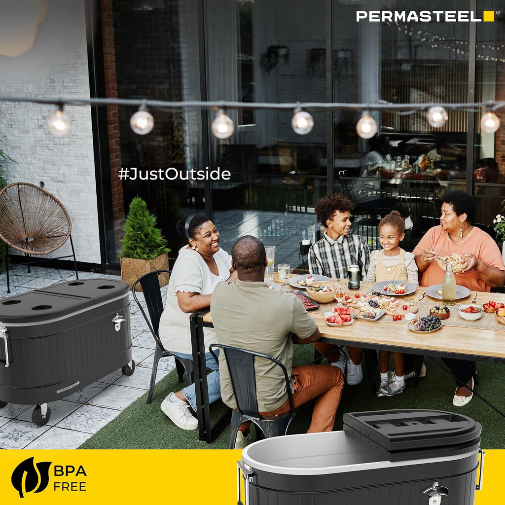 Permasteel Rolling Patio Cooler – Large Outdoor Ice Chest with Wheels, Beverage Cooler for Backyard, BBQ, Tailgate, Beach, Parties, Rustic Farmhouse Design