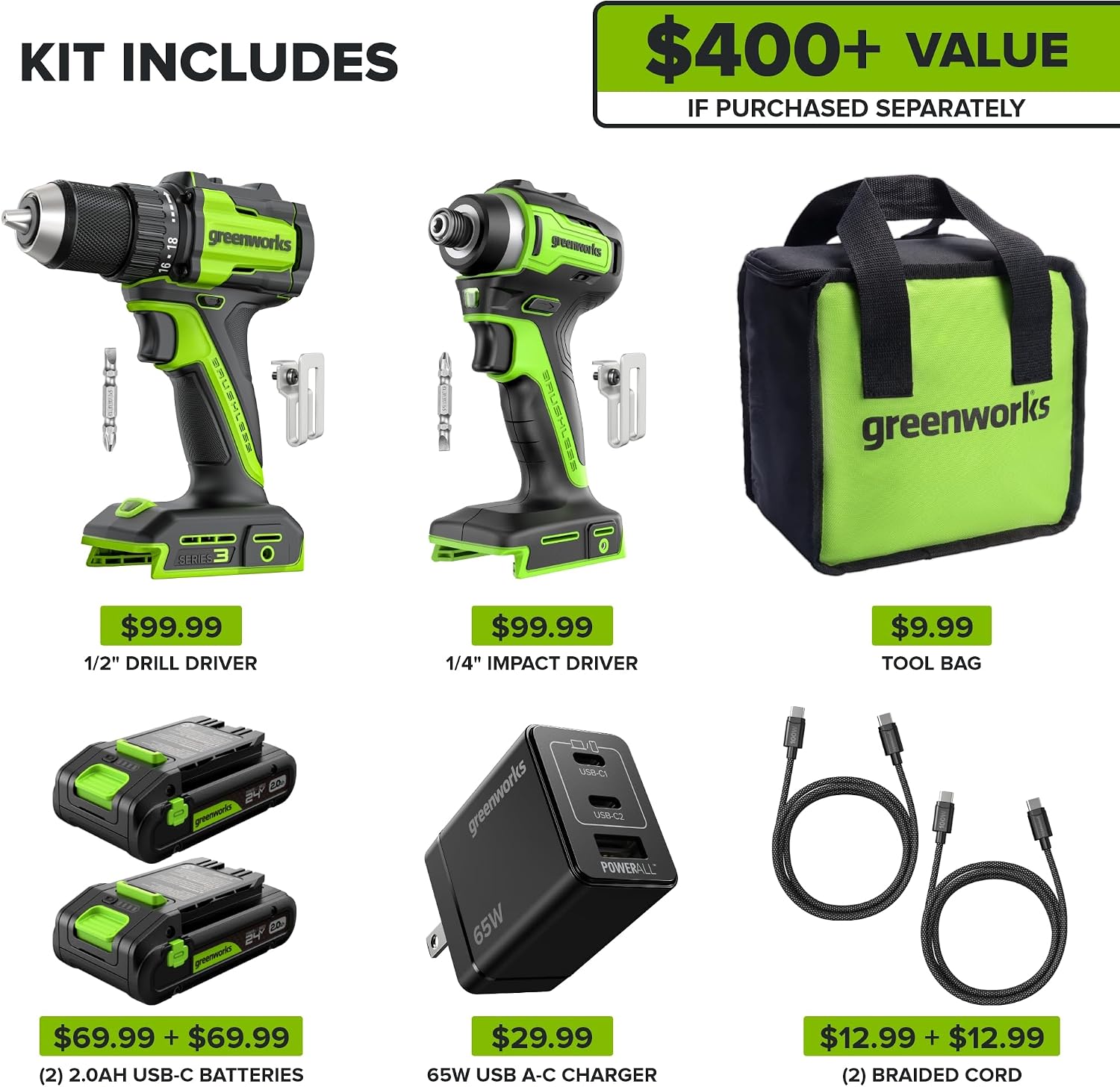 Greenworks 24V Cordless Brushless 400 in-lbs Drill/Driver+1950 in-lbs Impact Driver Combo,High Torque, Lightweight, (2) 2.0Ah USB-C Batteries(12,000mAh Power Bank) and 65W USB-C Fast Charger(3-Port)