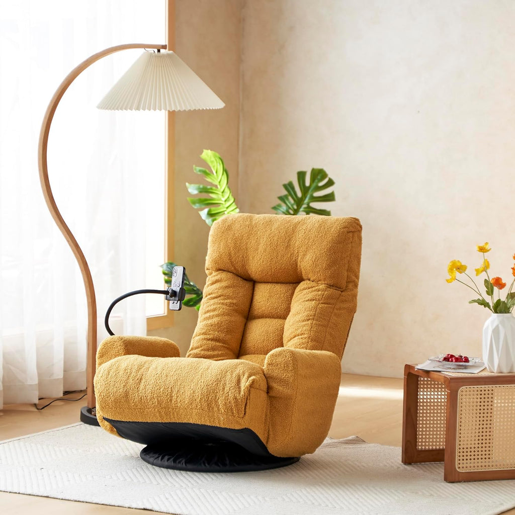 Lounge Sofa Chair with Side Pocket Armrests & Phone Holder. Gaming Chair for TV, Reading,Video,Games.Indoor Floor Chaise in Livingroom, Bedroom.Adjustable Foldable Backres&360° Swivel (Yellow)