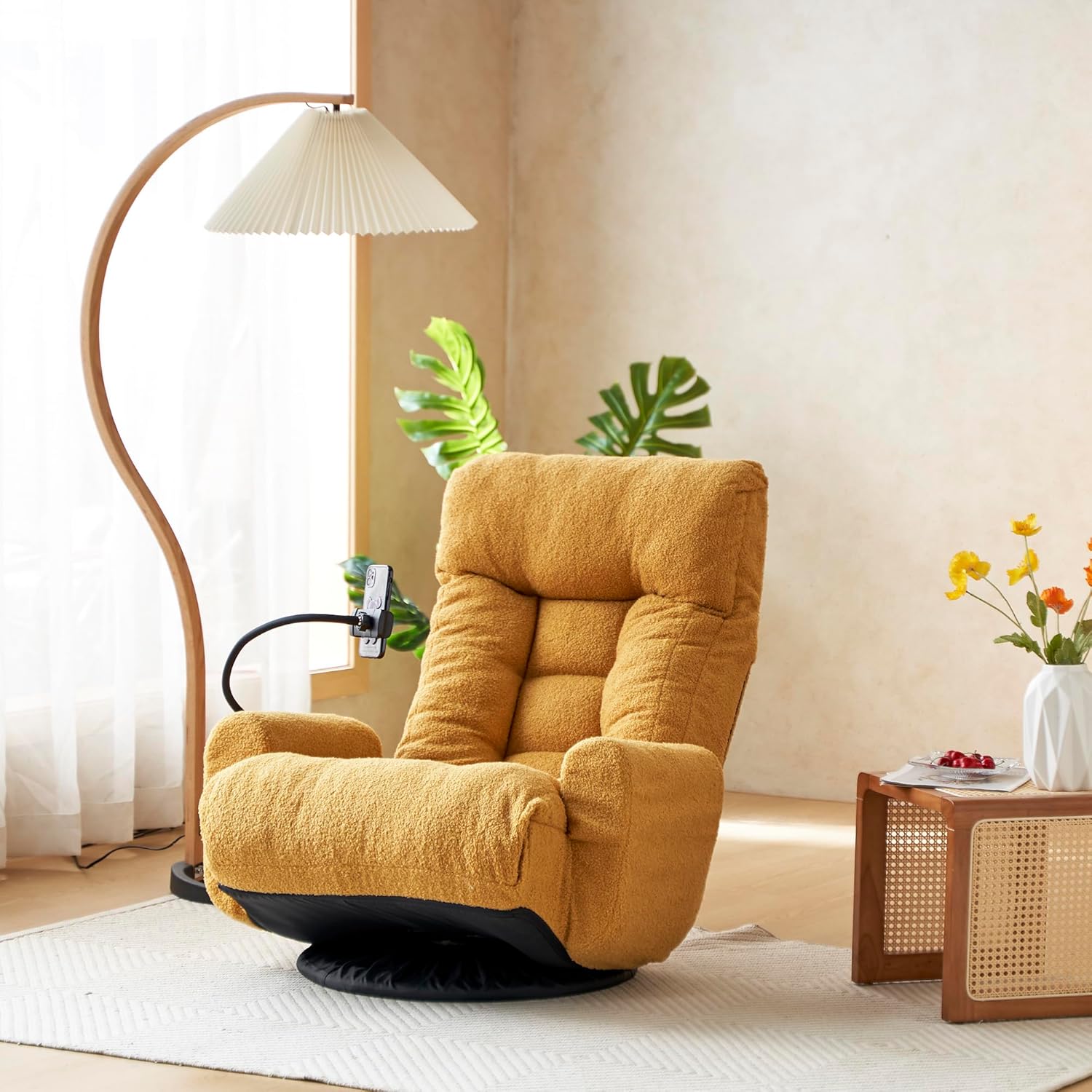 Lounge Sofa Chair with Side Pocket Armrests & Phone Holder. Gaming Chair for TV, Reading,Video,Games.Indoor Floor Chaise in Livingroom, Bedroom.Adjustable Foldable Backres&360° Swivel (Yellow)