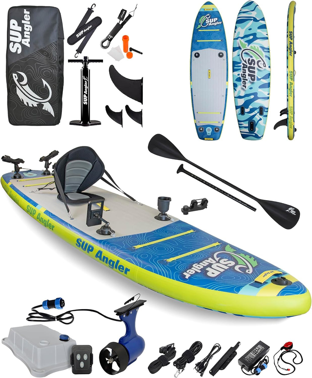 SUP Angler X-Wide Inflatable Fishing Paddle Board with Seat, Choose Accessories Package, Adjustable Fishing Rod Holders, Accessory Ports, Dual Paddle, Quad Bungees, 10'8' X 35'