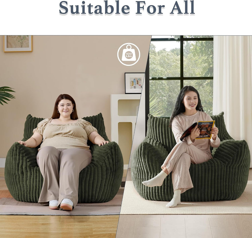 Gericco Giant Plush Bean Bag Chair for Adults with Armrests - Oversized Comfy Green Beanbag Lounge Lazy Floor Sofa Accent Chair for Living Room, Bedroom & Dorm, Cozy Fluffy Single Cloud Mini Couch