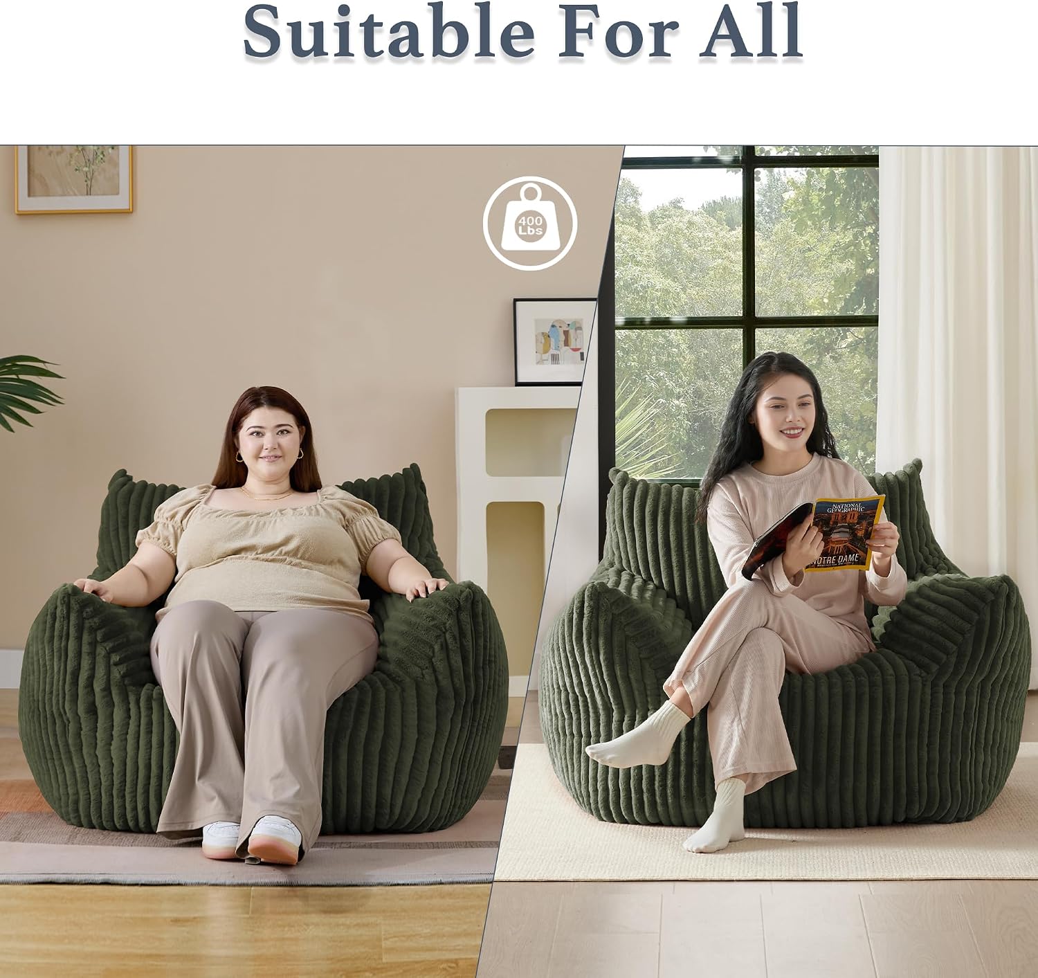 Gericco Giant Plush Bean Bag Chair for Adults with Armrests - Oversized Comfy Green Beanbag Lounge Lazy Floor Sofa Accent Chair for Living Room, Bedroom & Dorm, Cozy Fluffy Single Cloud Mini Couch