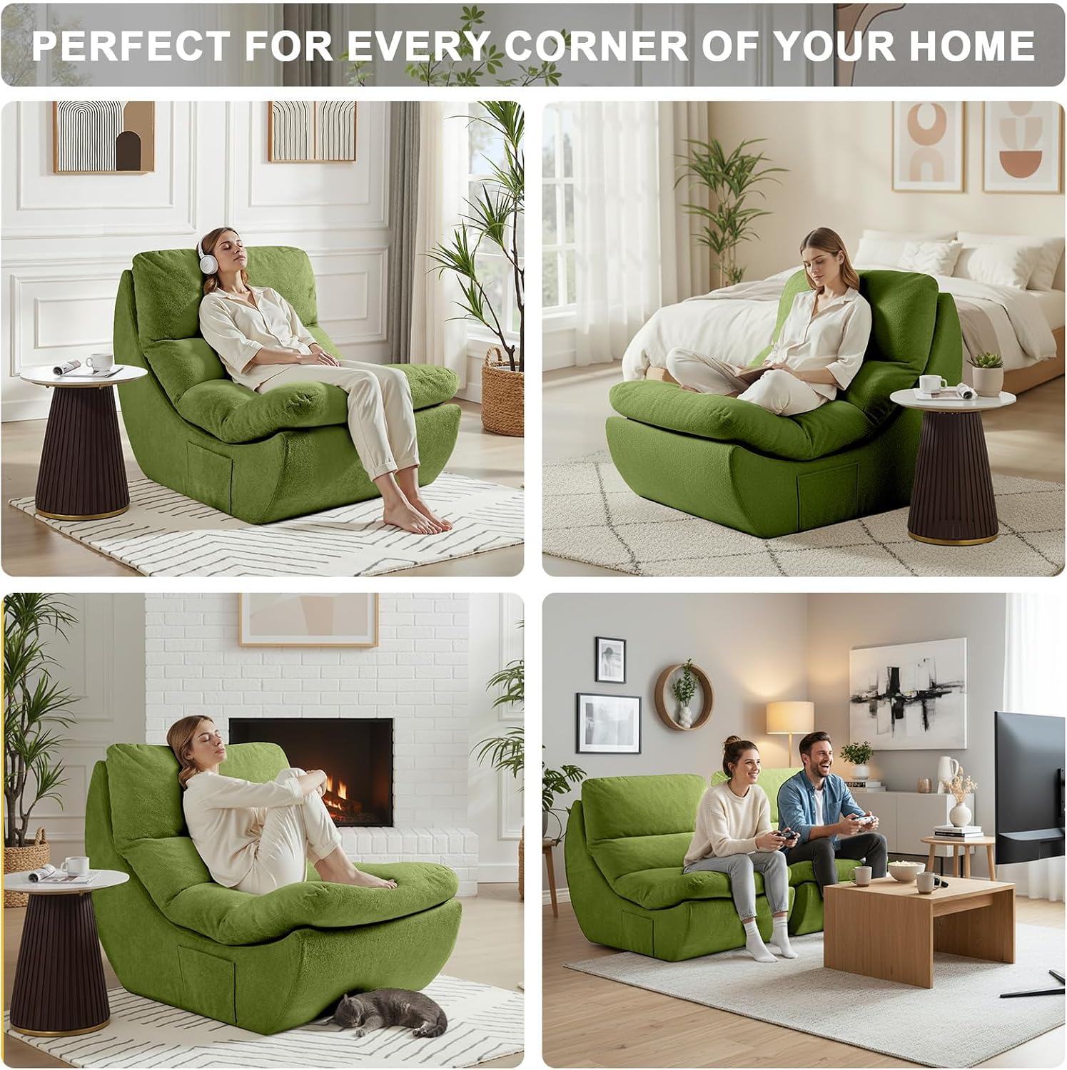 Comfy Reading Chair for Adults, Modular Sectional Sofa Bean Bag Chair, Cloud Boneless Couch Style with High Rebound Foam, Single Seat Compressible Sofa for Living Room & Bedroom, Green