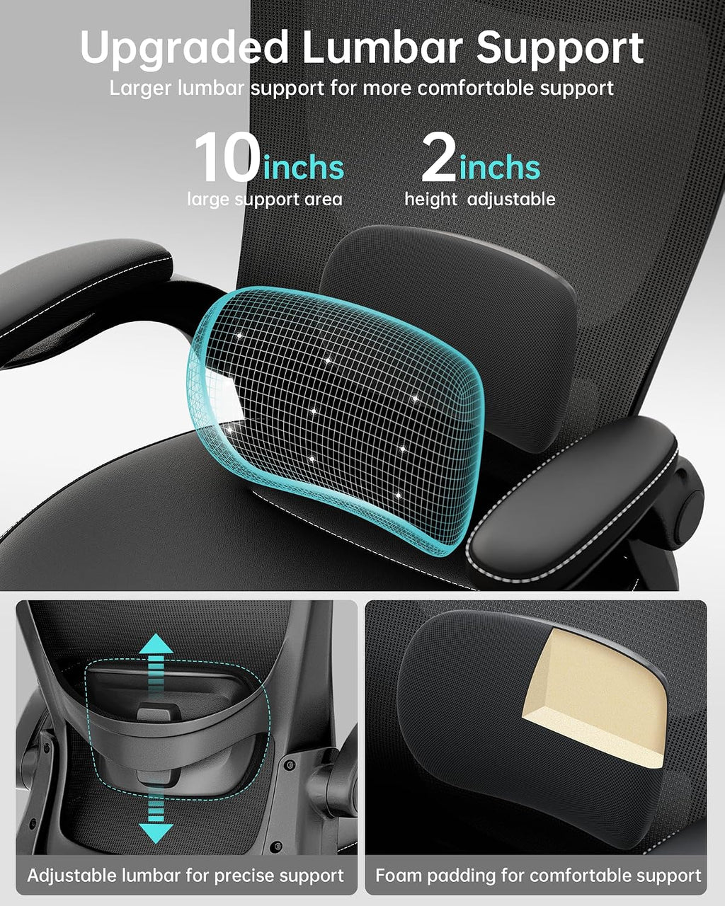 MUXX.STIL Office Chair, PU Leather Ergonomic Desk Chair with Adjustable Lumbar Support and Flip up Armrest, Breathable Mesh Computer Chair for Home Office, Black