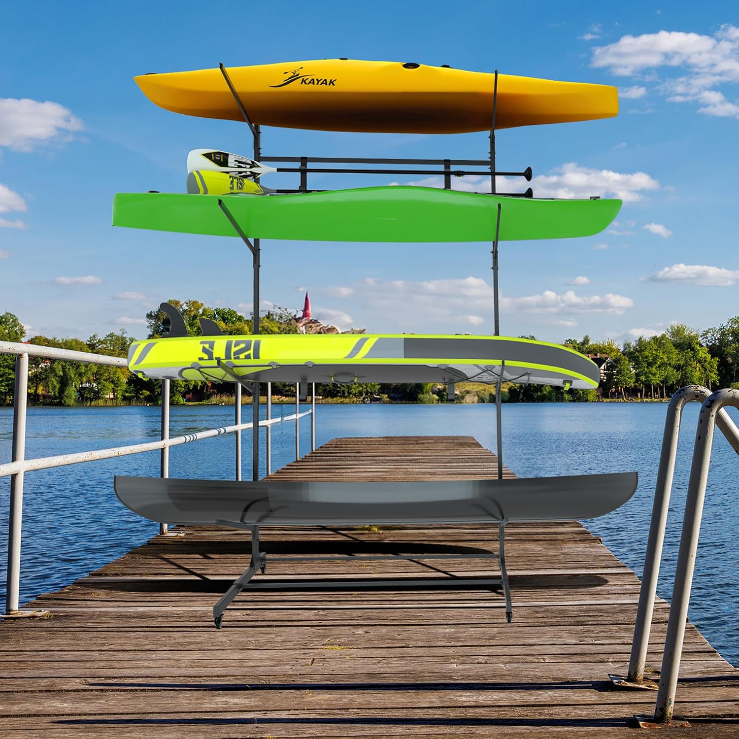 RELIANCER Freestanding Kayak Storage Rack w/Wheel,Adjustable Kayak Stand for Boat Dock,Garage,Indoor & Outdoor Canoe and Kayaks Holder,Water Sport Watercraft Storage Rack for SUP,Surfboard