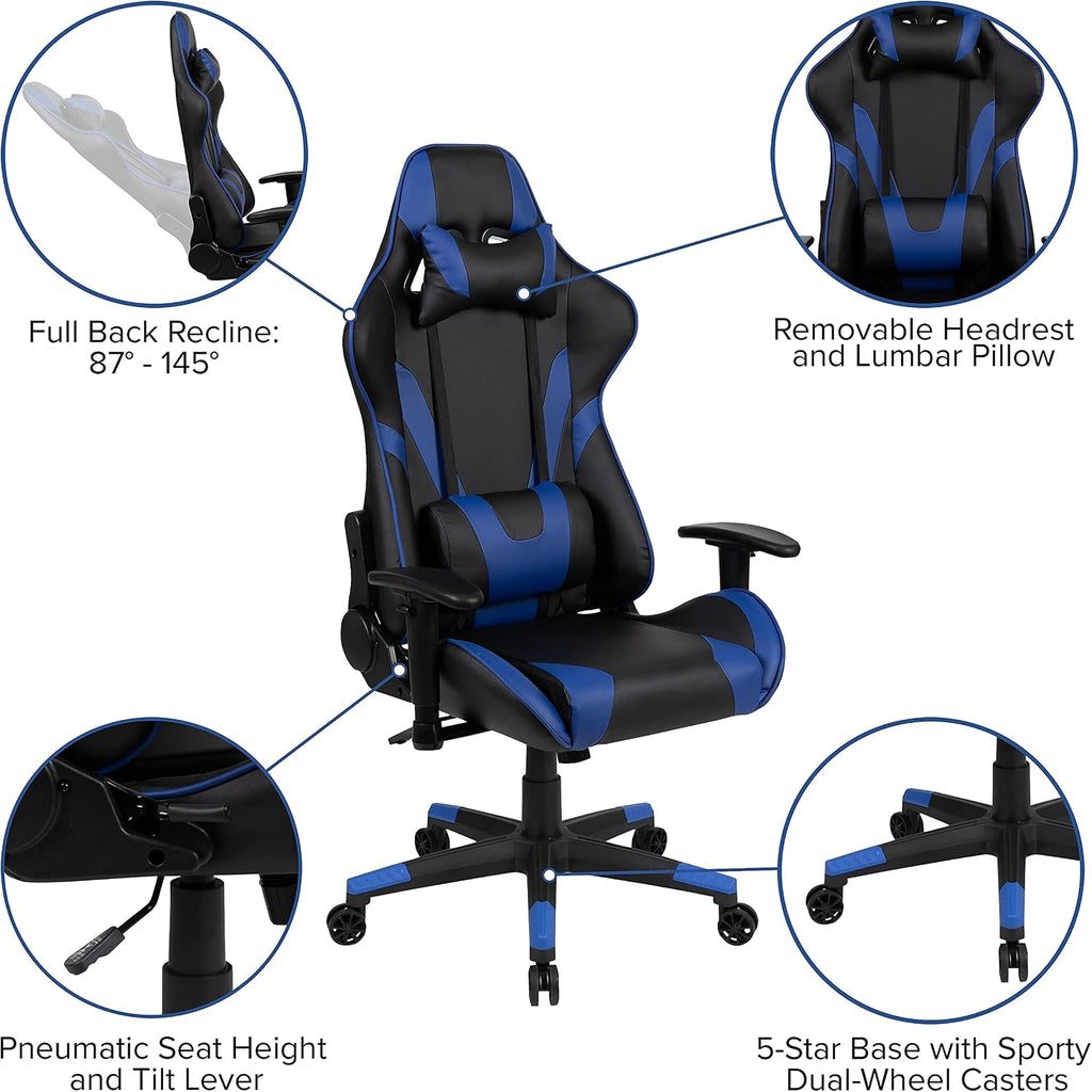 Flash Furniture X20 Gaming Chair Racing Office Ergonomic Computer PC Adjustable Swivel Chair with Fully Reclining Back in Blue LeatherSoft