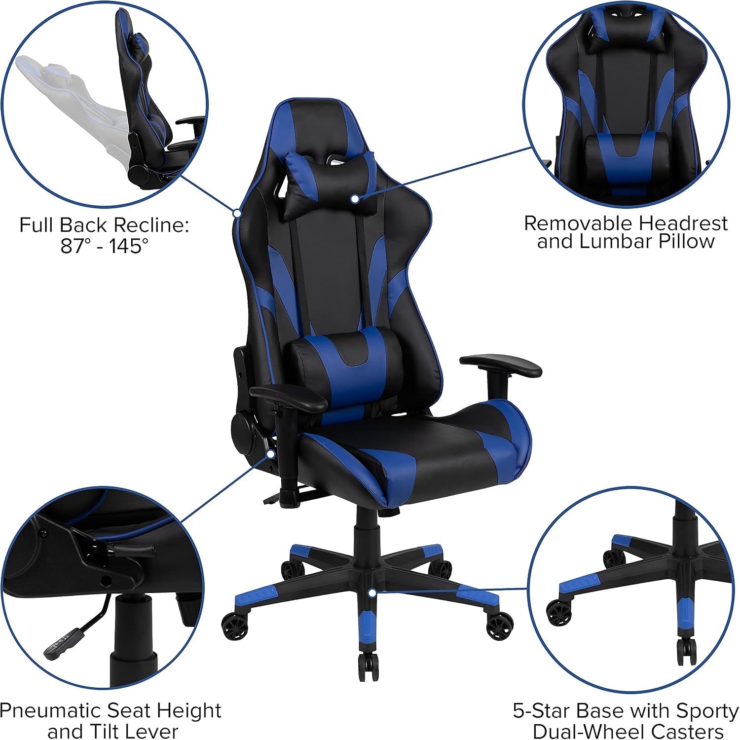 Flash Furniture X20 Gaming Chair Racing Office Ergonomic Computer PC Adjustable Swivel Chair with Fully Reclining Back in Blue LeatherSoft