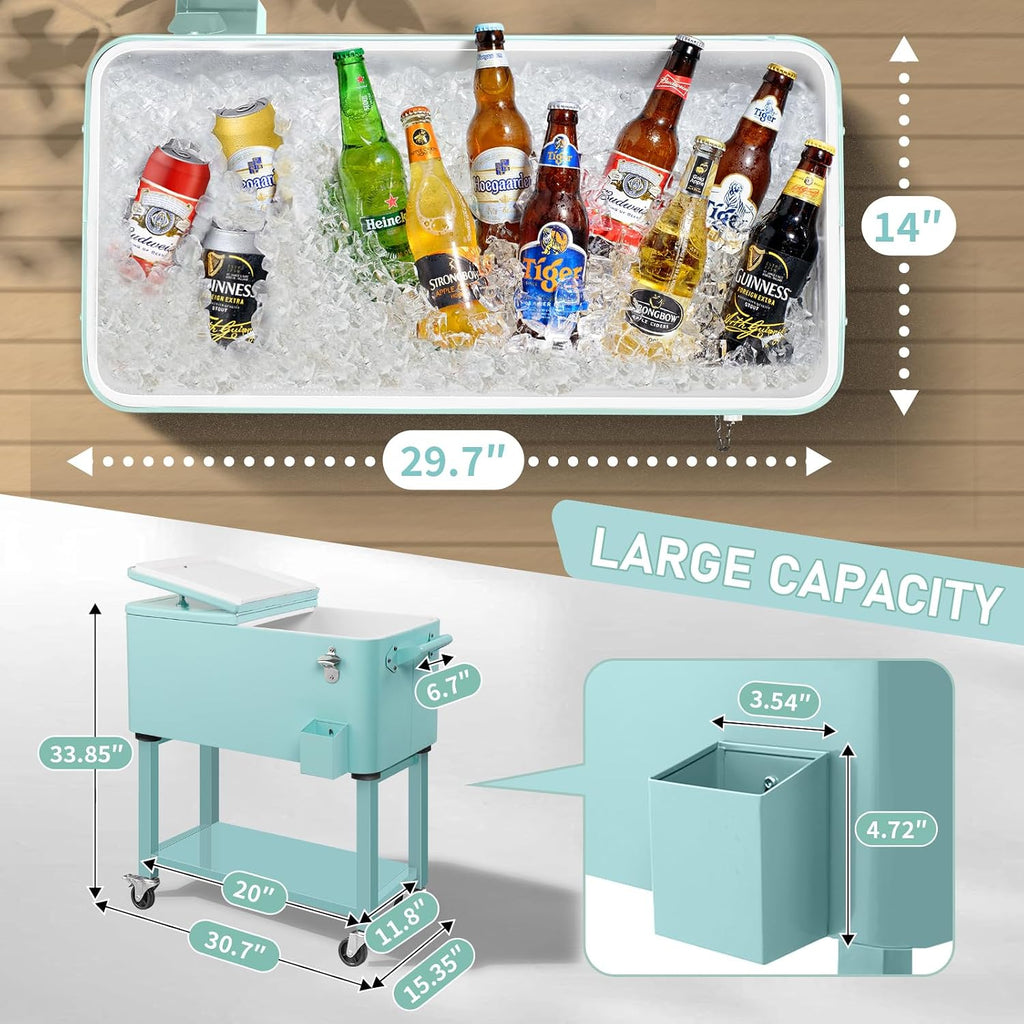 Outvita 80 Quart Rolling Ice Chest, Portable Bar Drink Cooler with Catch Basin, Bottom Storage Tray and Bottle Opener for Patio Party BBQ Beach Activities