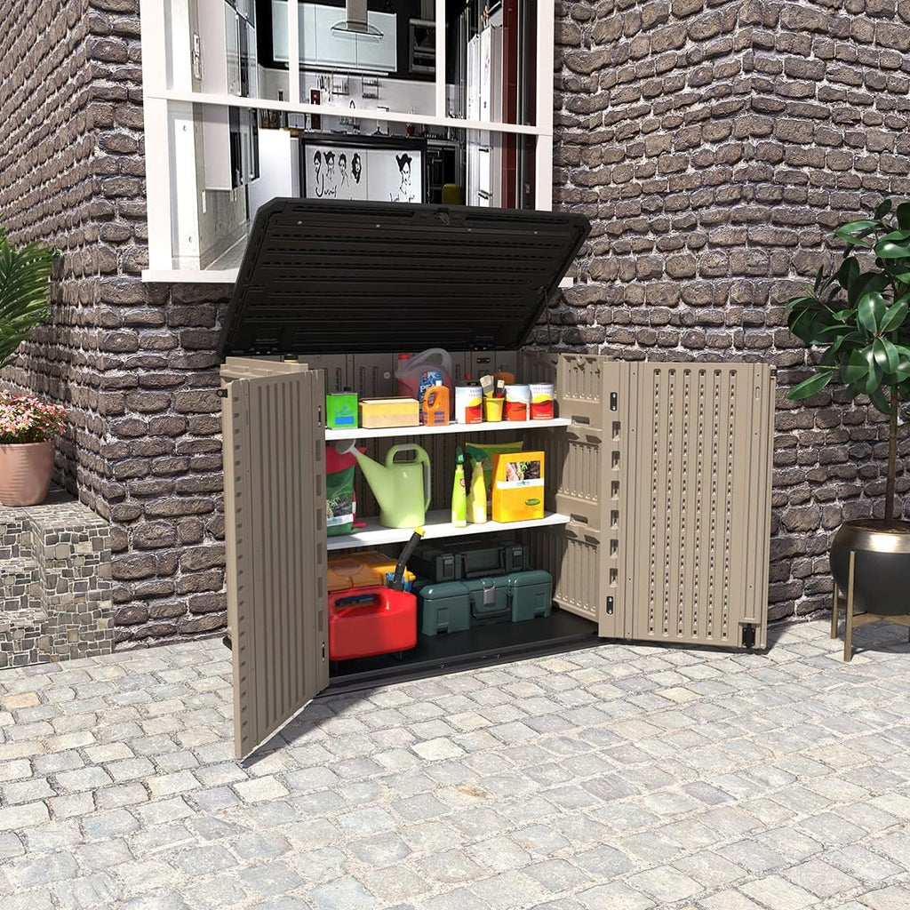KINYING Outdoor Storage Shed - Horizontal Storage Box Waterproof for Garden, Patios, Backyards, Multi-Opening Door for Easy Storage of Garbage Cans, Tools, Lawn Mower, 26 Cubic Feet,Brown